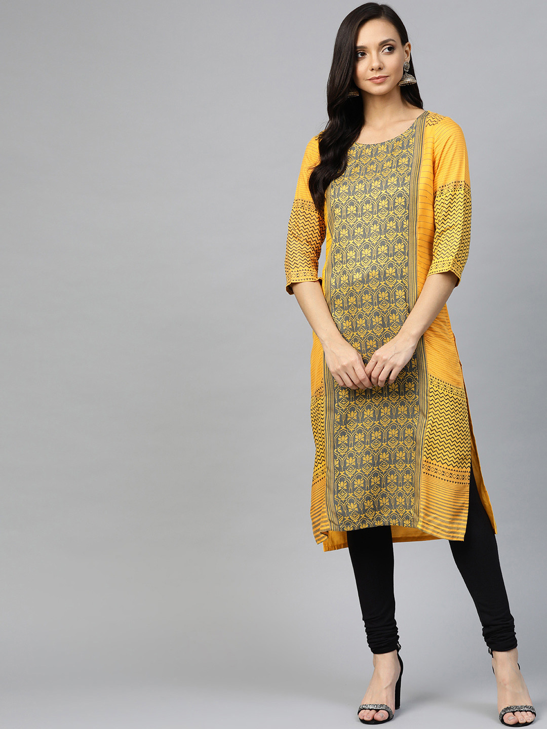 AURELIA Women Yellow & Navy Blue Ethnic Patterned Yarn Dyed Straight Kurta