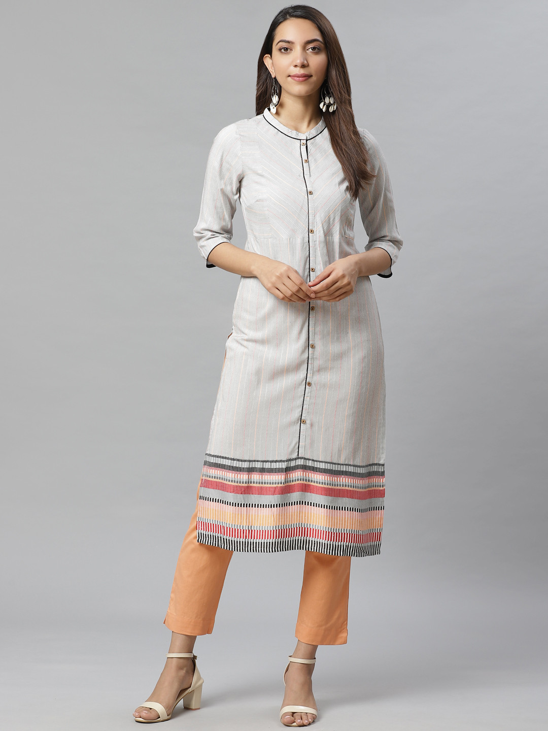 AURELIA Women White & Black Yarn-Dyed Striped Straight Kurta