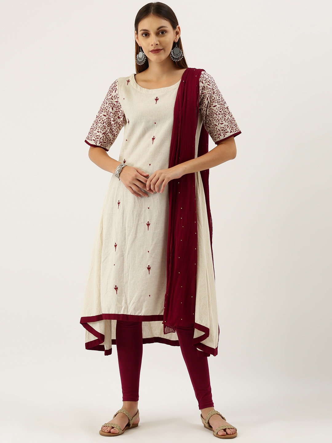 IMARA Women Off White Maroon Embroidered Kurta with Leggings Dupatta