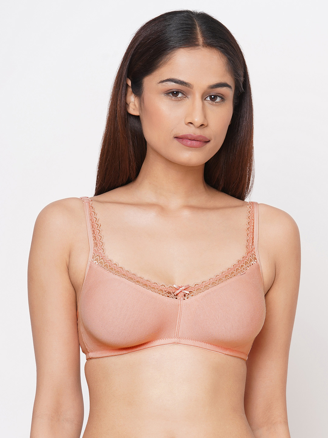 Inner Sense Peach-Coloured Solid Organic Cotton Antimicrobial Soft Laced Bra ISB017