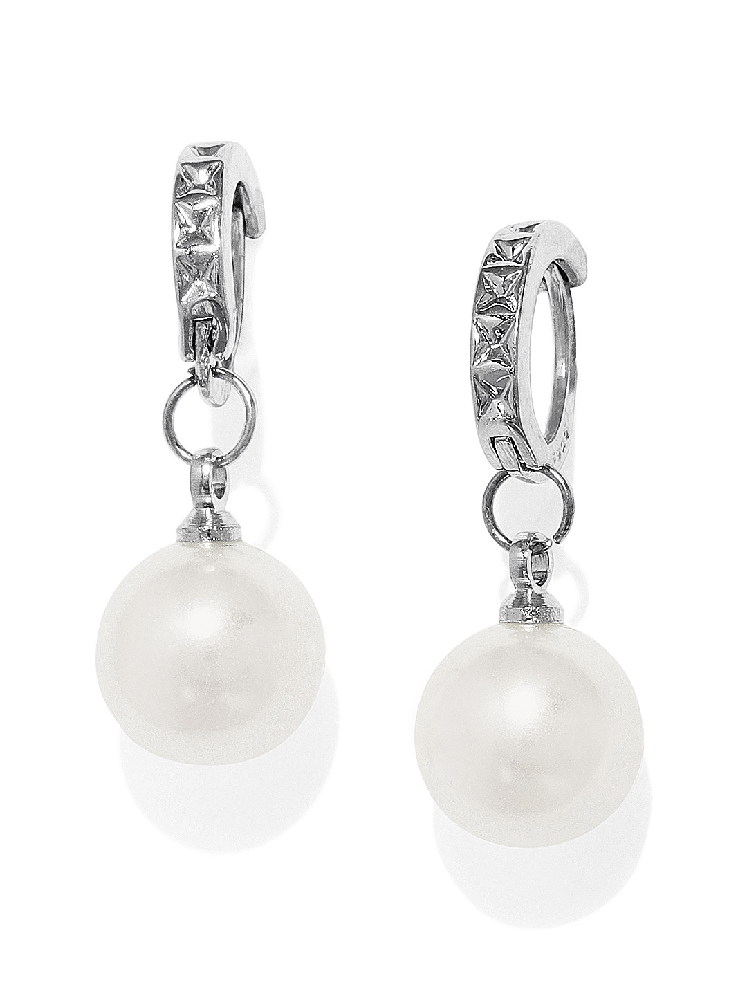OOMPH White & Silver-Plated Handcrafted Pearl Studded Circular Drop Earrings