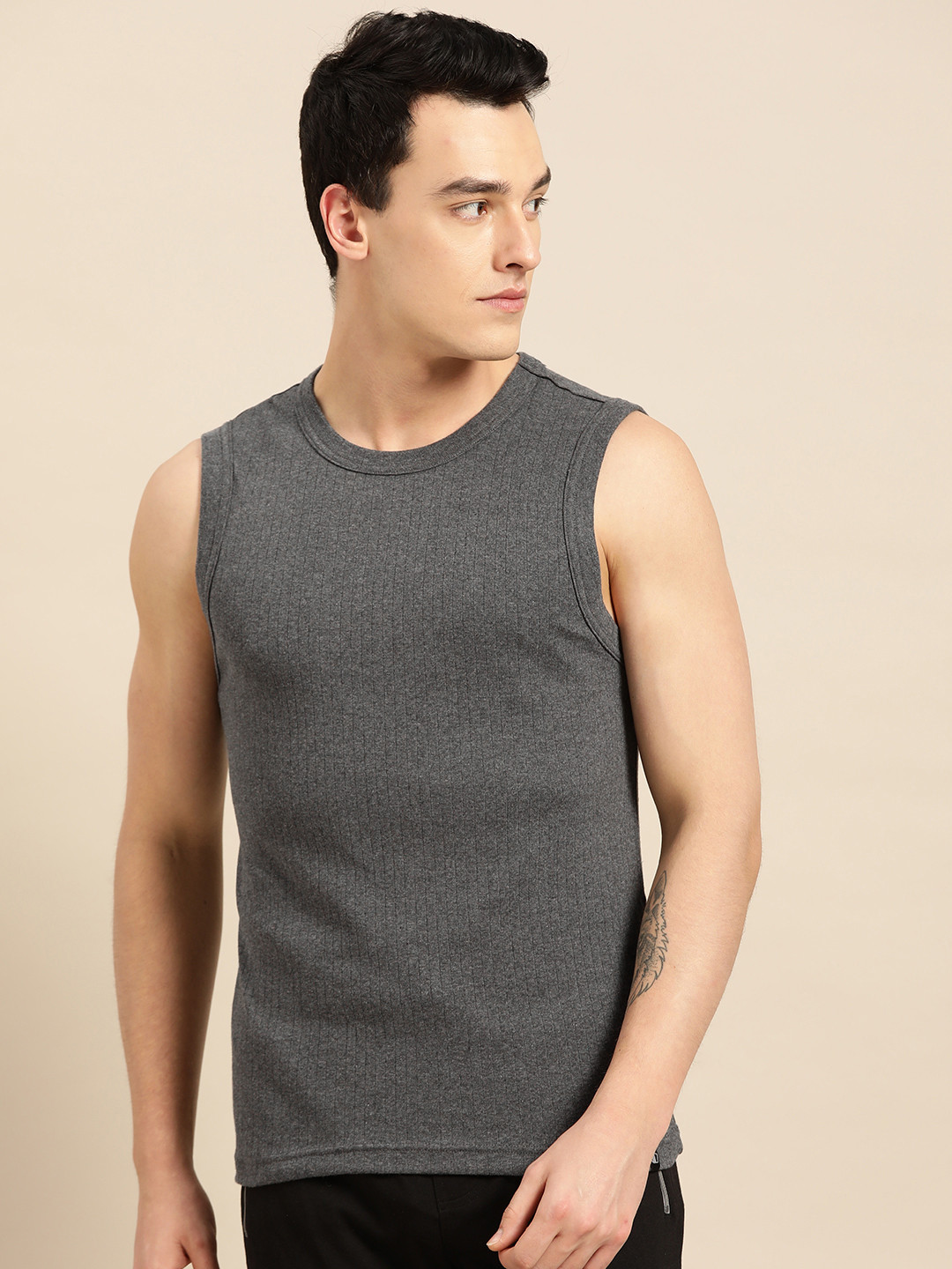 Jockey Men Charcoal Grey Self Striped Innerwear Vest