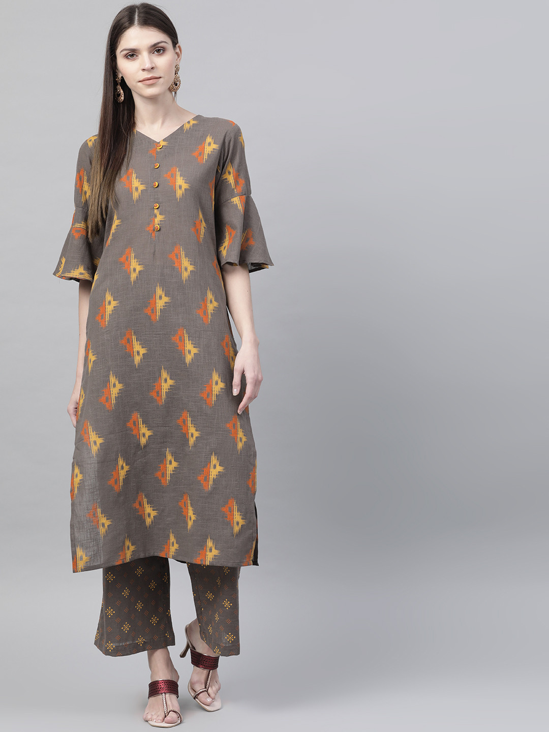 AHIKA Women Charcoal Grey & Orange Printed Kurta with Palazzos
