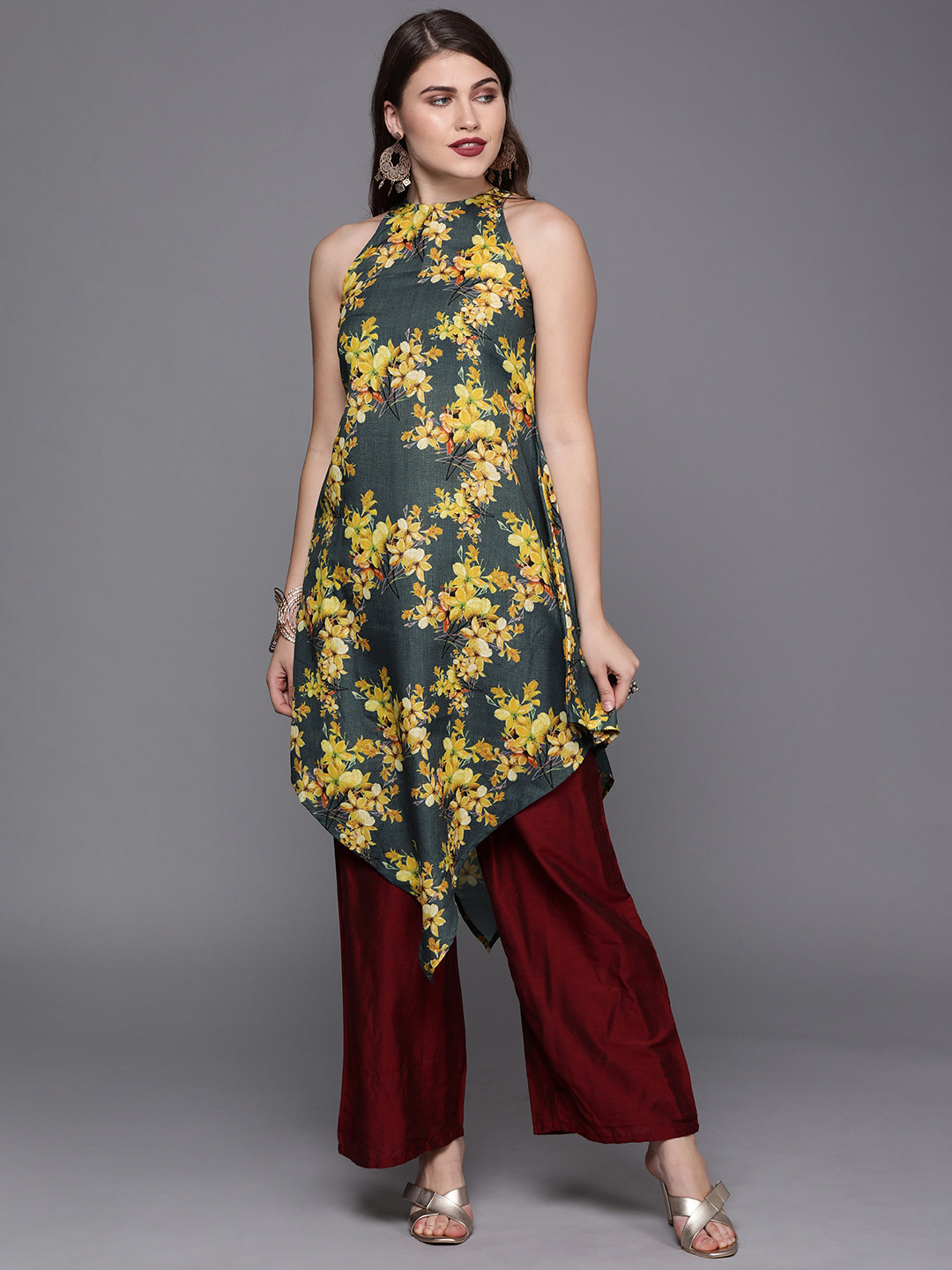 Ethnovog Women Grey  Yellow Printed Made To Measure A-Line Kurta