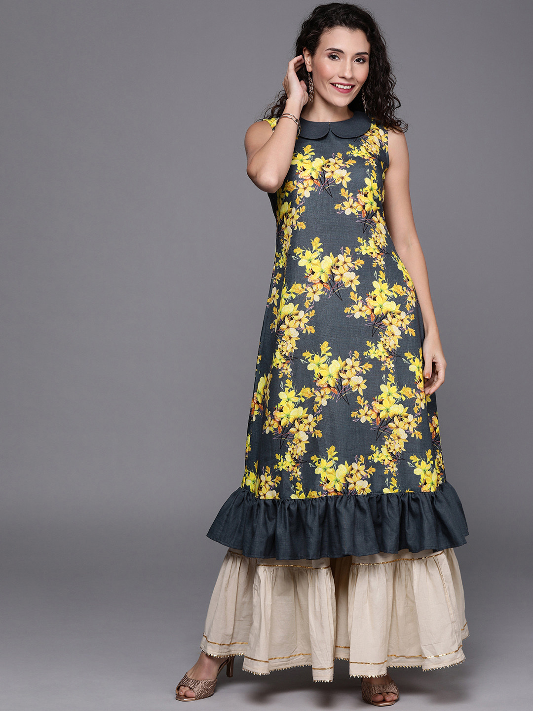 Ethnovog Women Grey  Yellow Printed Made To Measure A-Line Kurta With Gathered Hem