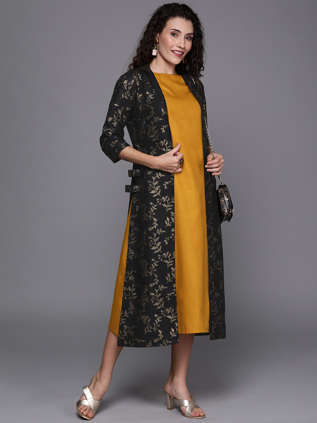 Ethnovog Women Mustard Yellow  Black Solid Made To Measure Sheath Dress