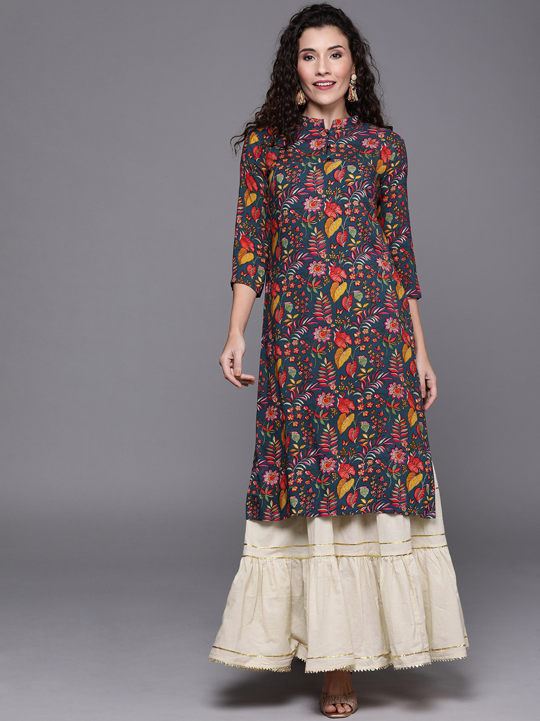 Ethnovog Women Blue  Red Printed Made To Measure A-Line Kurta