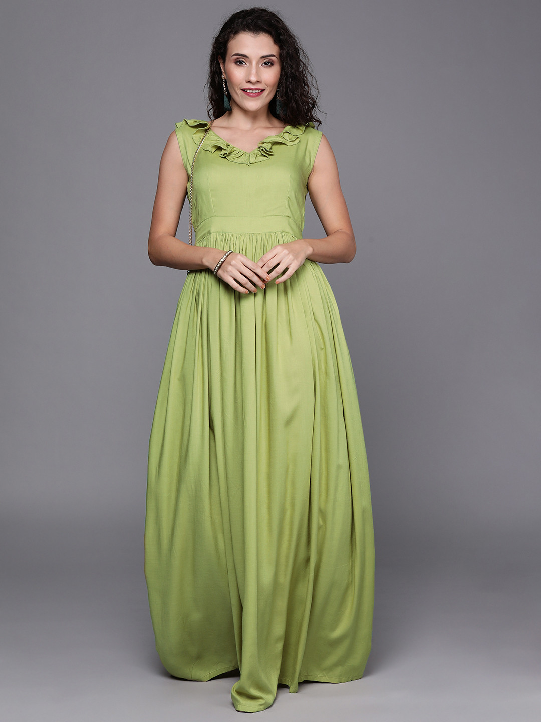 Ethnovog Women Green Solid Made To Measure Maxi Dress with Ruffles