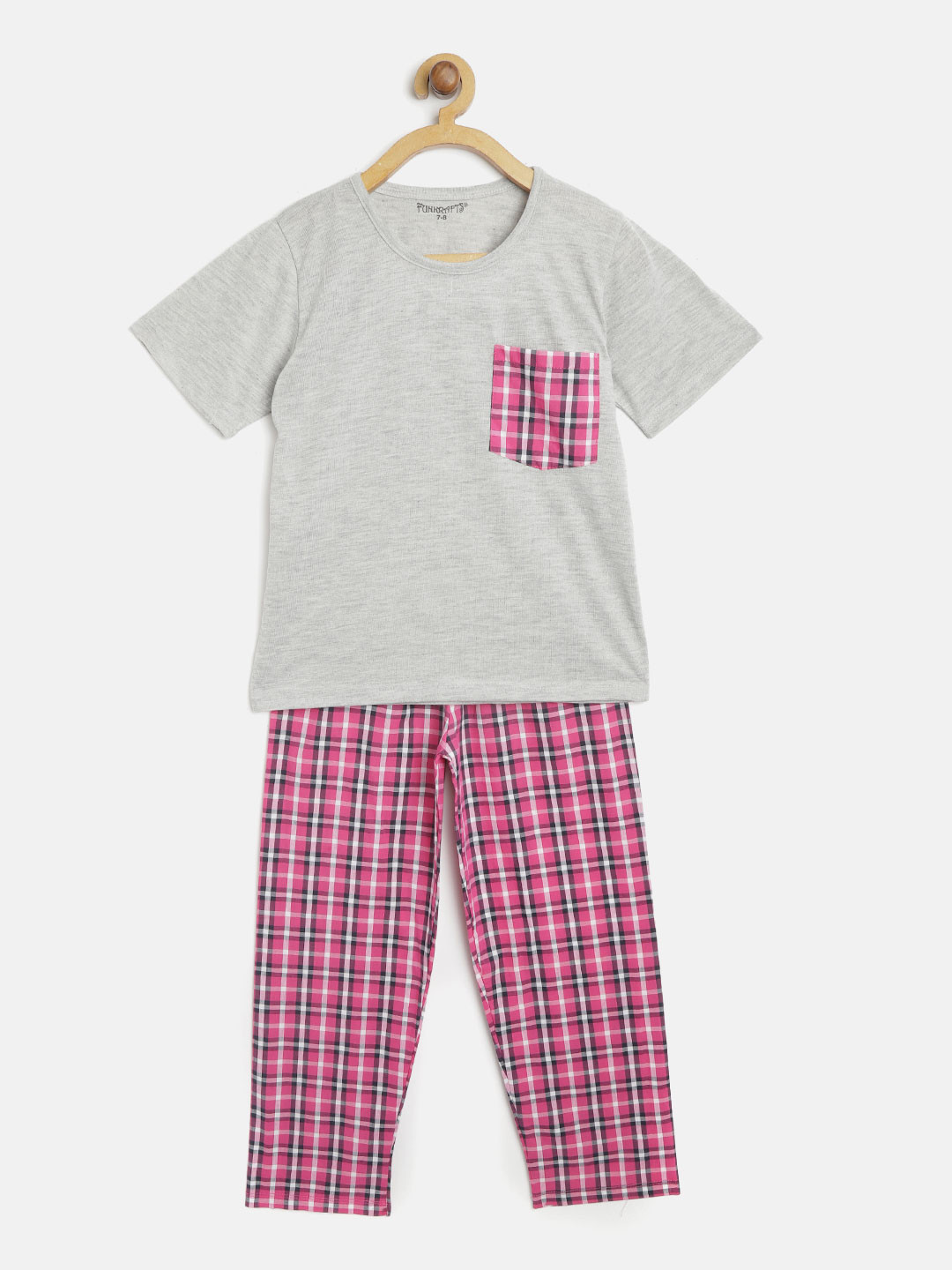 FUNKRAFTS Girls Grey Melange & Pink Checked Night suit
