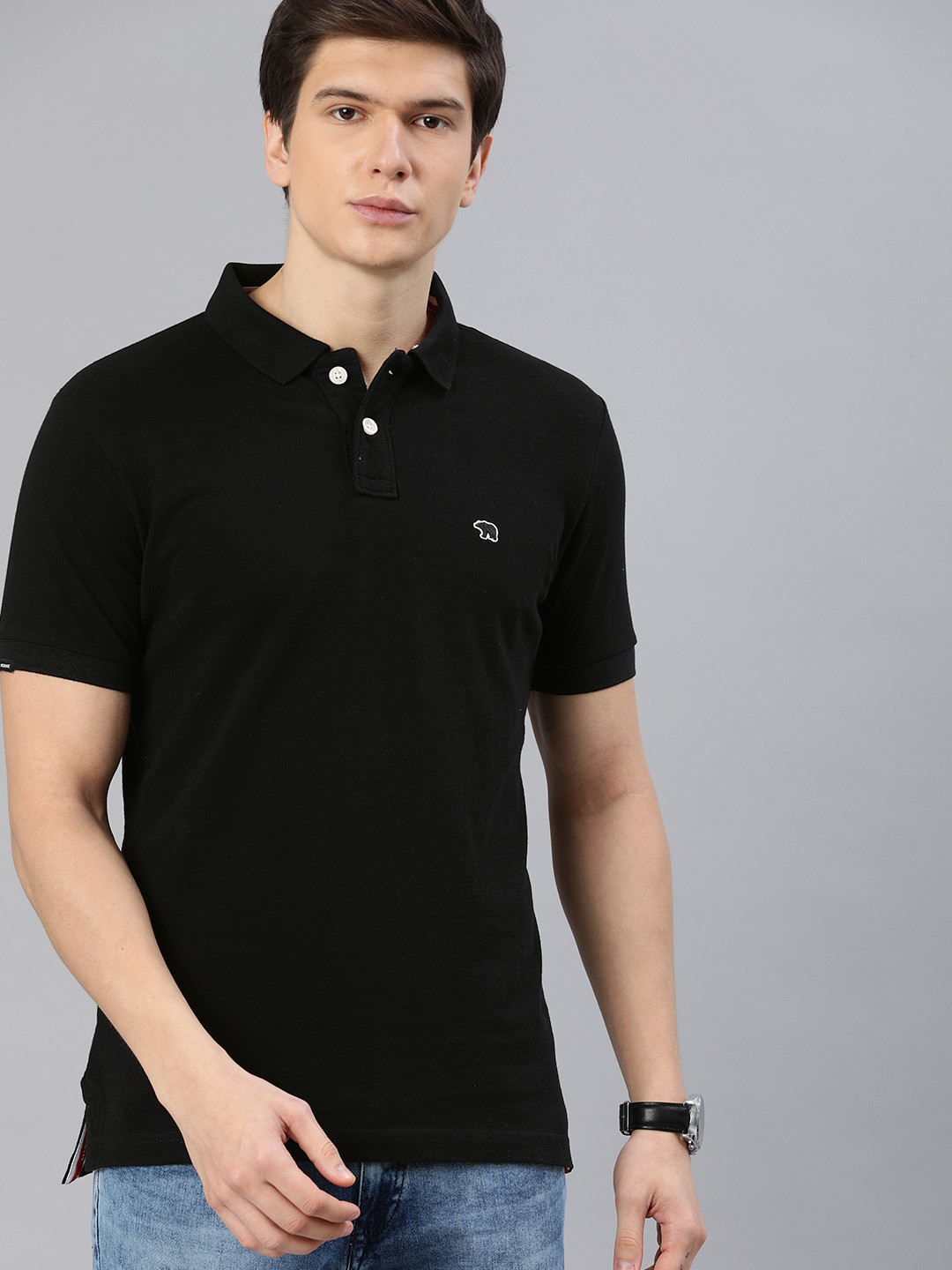 THE BEAR HOUSE Men Black Solid Polo Collar Pure Cotton T-shirt