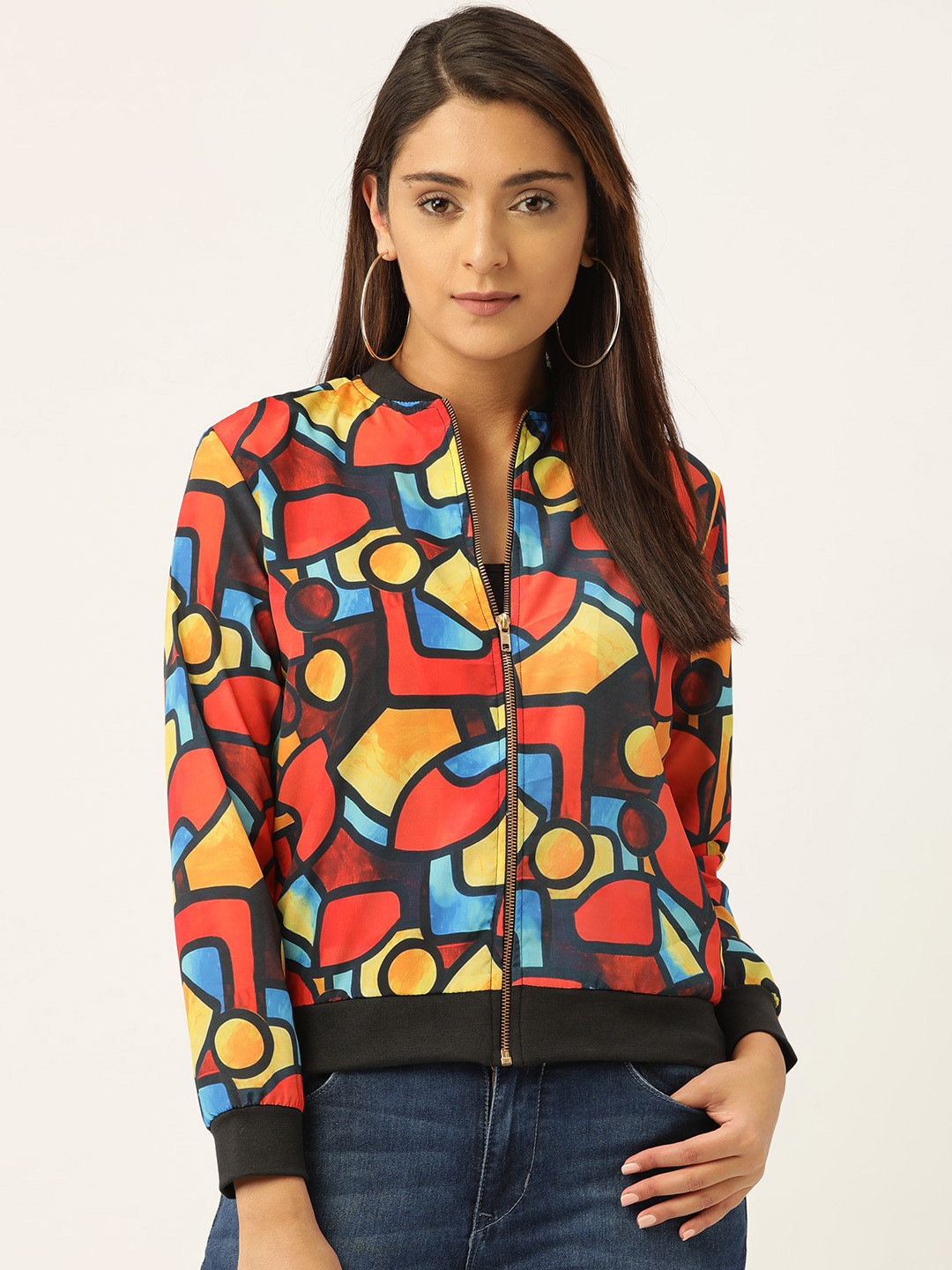 Aoba Women Orange & Blue Picasso Print Bomber Jacket