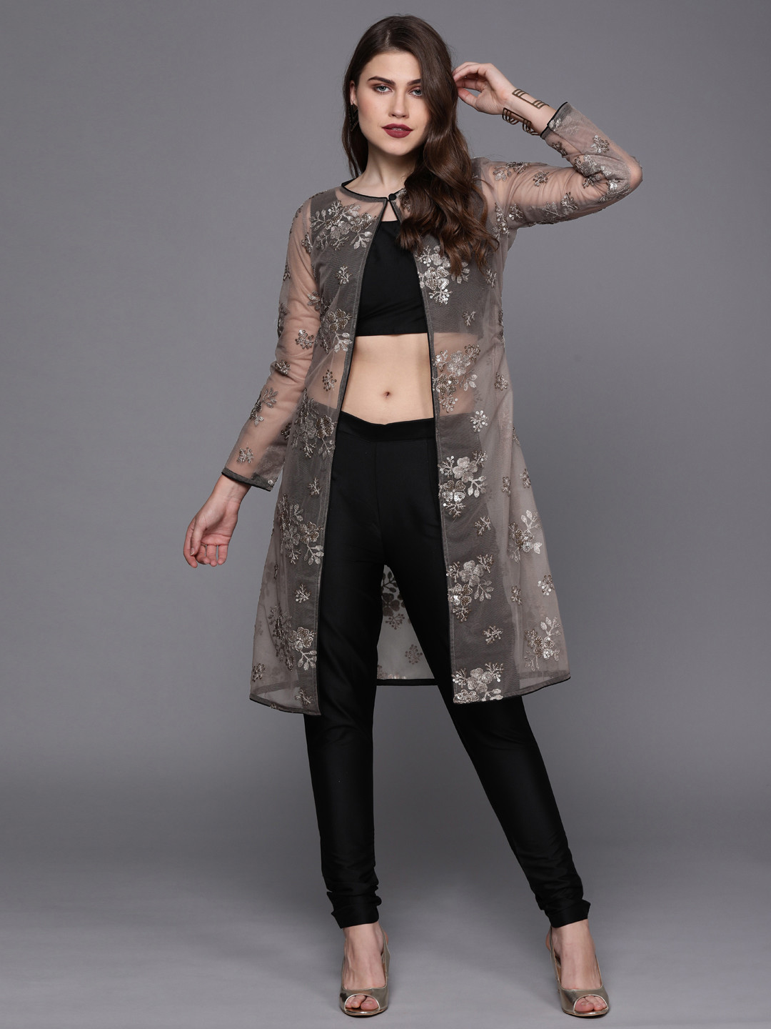 Ethnovog Women Black  Grey Made to Measure Solid Top with Churidar