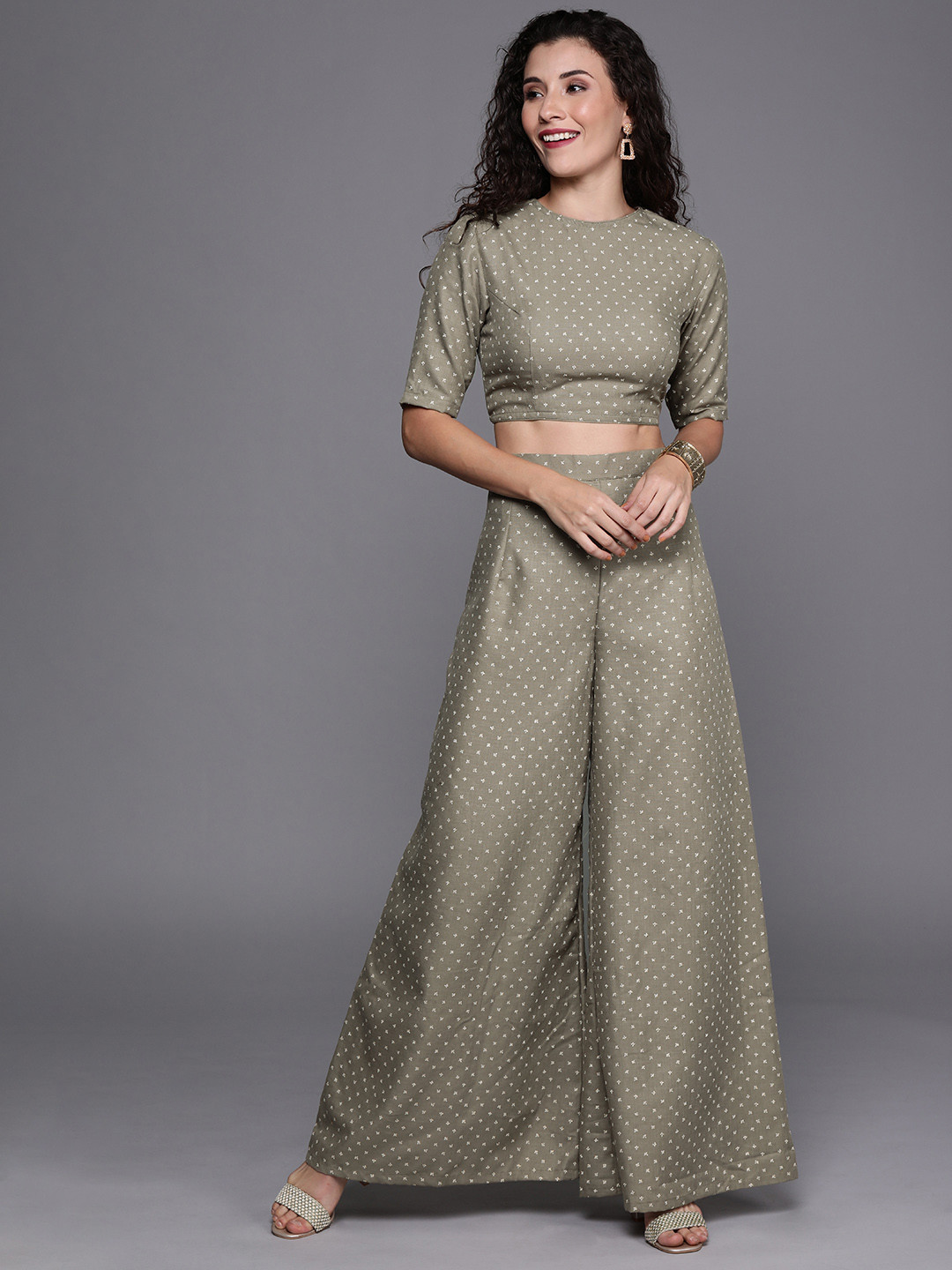 Ethnovog Women Grey  Off-White Printed Made To Measure Cropped Top with Palazzos