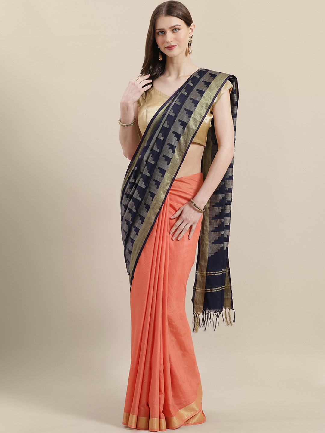 swatika Peach-Coloured & Navy Blue Handloom Woven Design Half & Half Bhagalpuri Saree