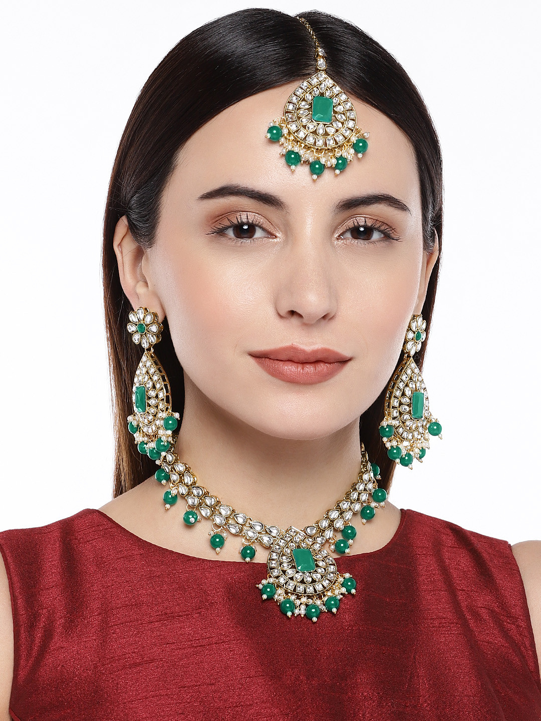 AccessHer Green Gold-Toned Kundan, Pearls & Emarald Jewellery Set