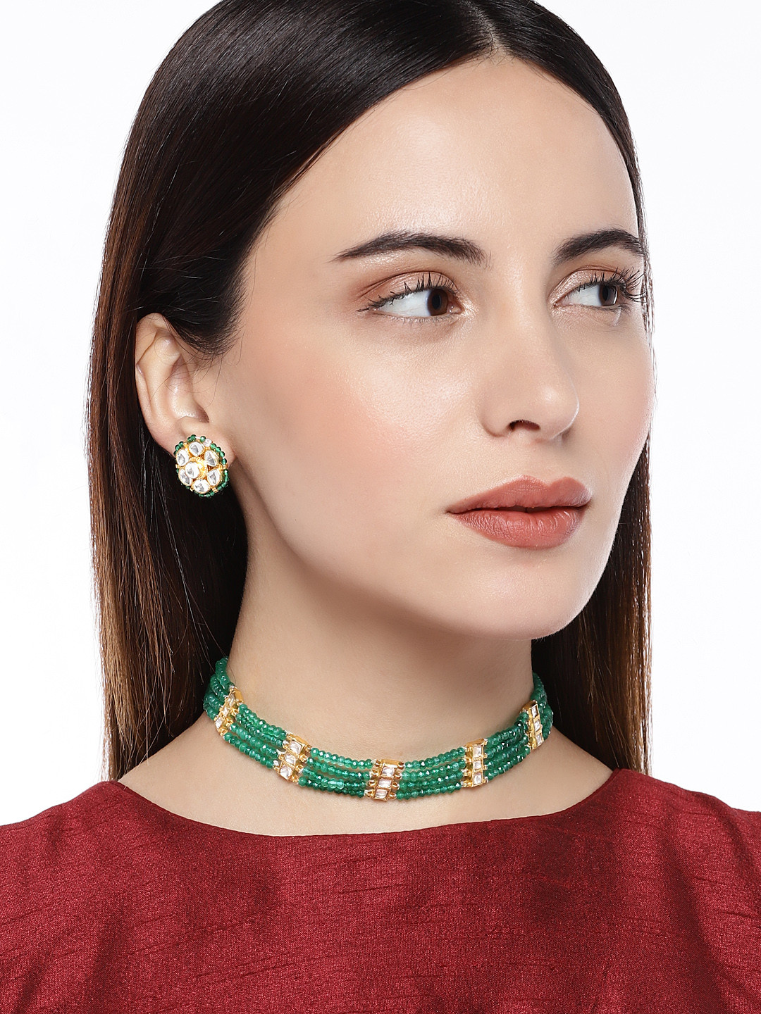AccessHer Green Kundan Studded Emrald Jadau Choker Set