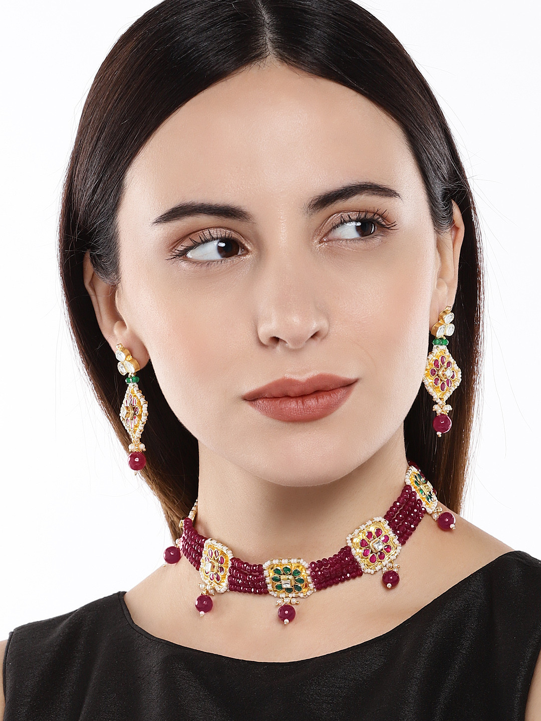 AccessHer Red & Green Gold-Plated Jadau Kundan Ruby Choker set