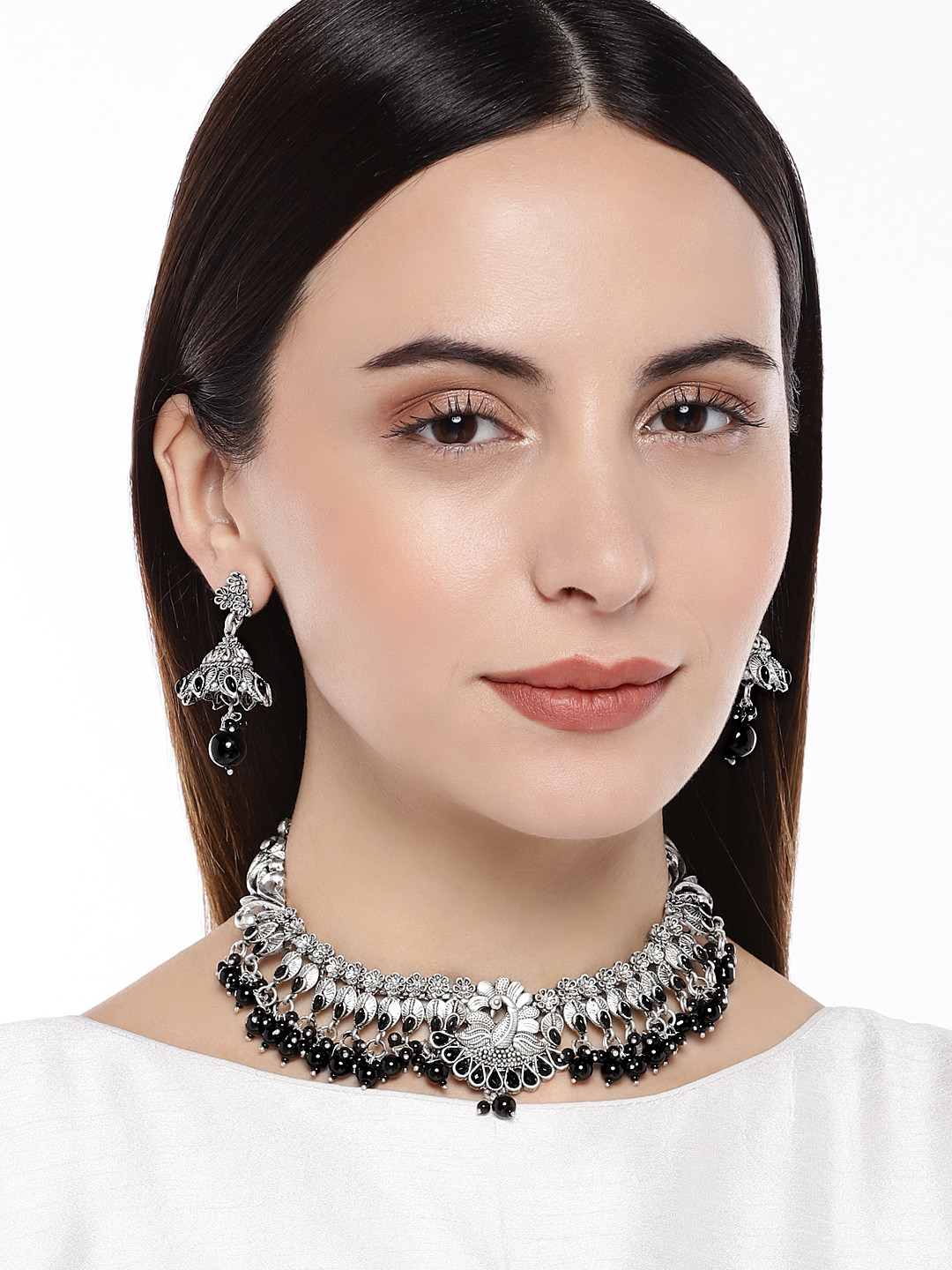 AccessHer Black Silver-Toned Stone Studded & Beaded Jewellery Set