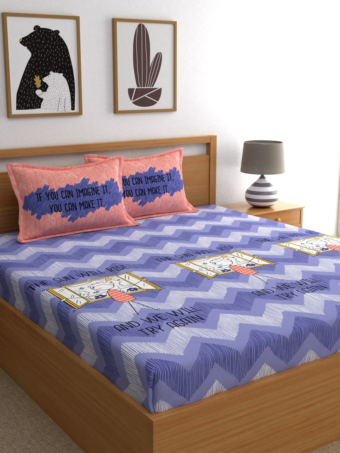 My Room Purple Conversational Cotton 210 TC Queen Fine Bedsheet with 2 Pillow Covers-90 x 104 inches