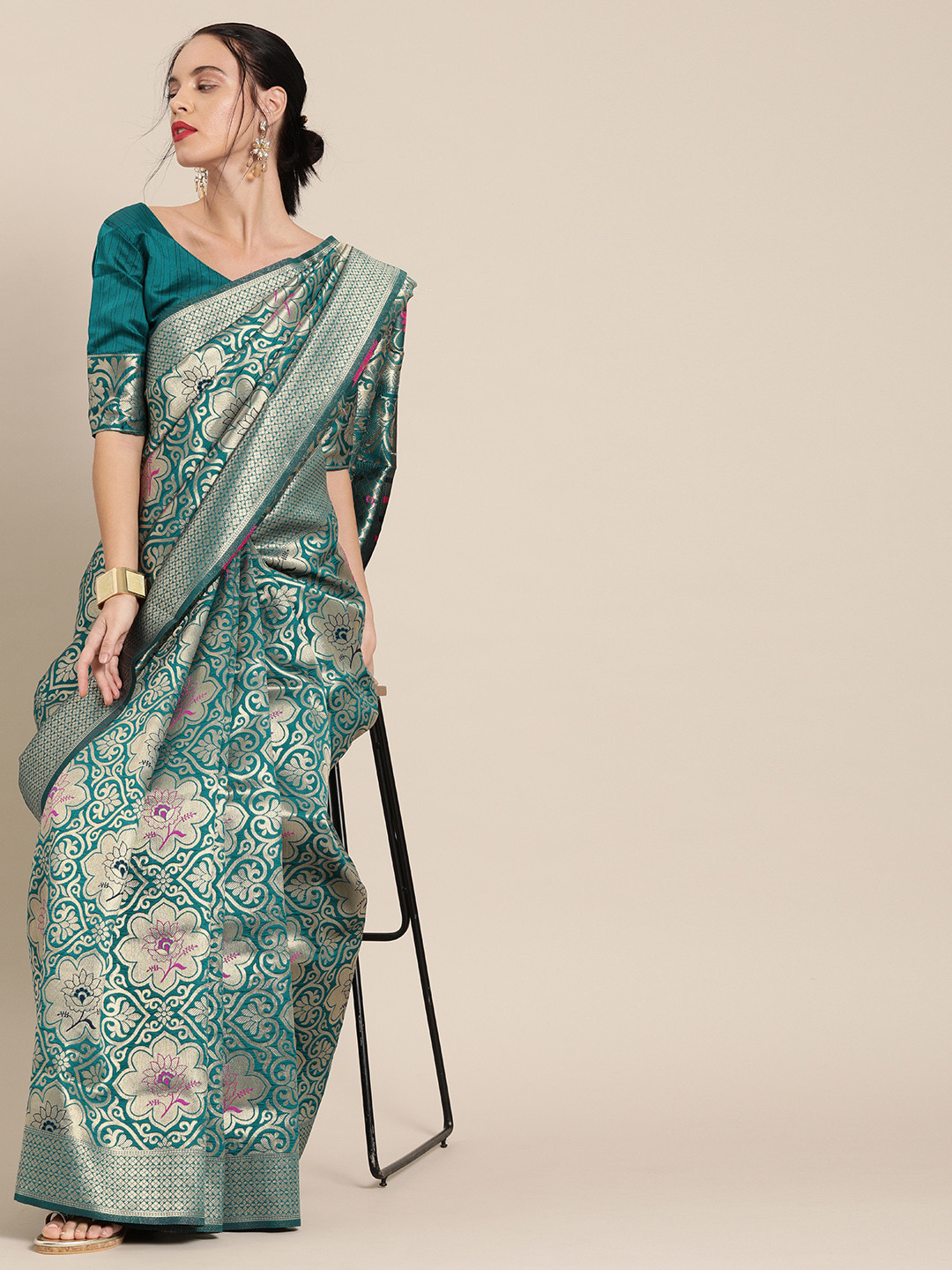 Mitera Teal Blue & Gold-Toned Silk Blend Woven Design Banarasi Saree