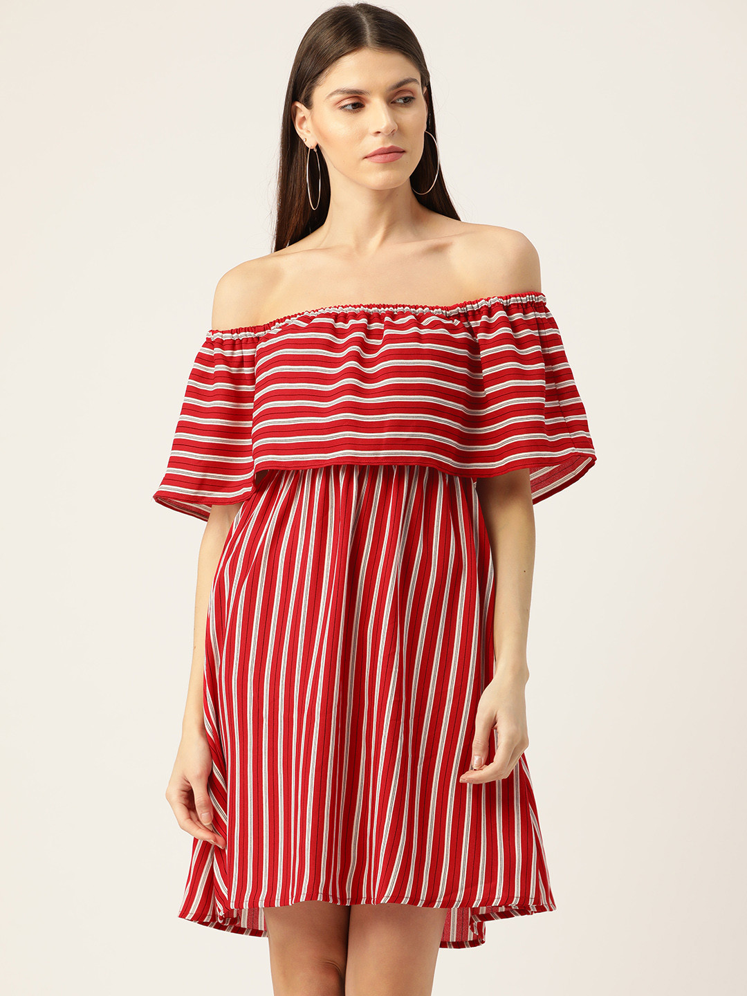 Rue Collection Women Red & White Striped Off-Shoulder A-Line Dress