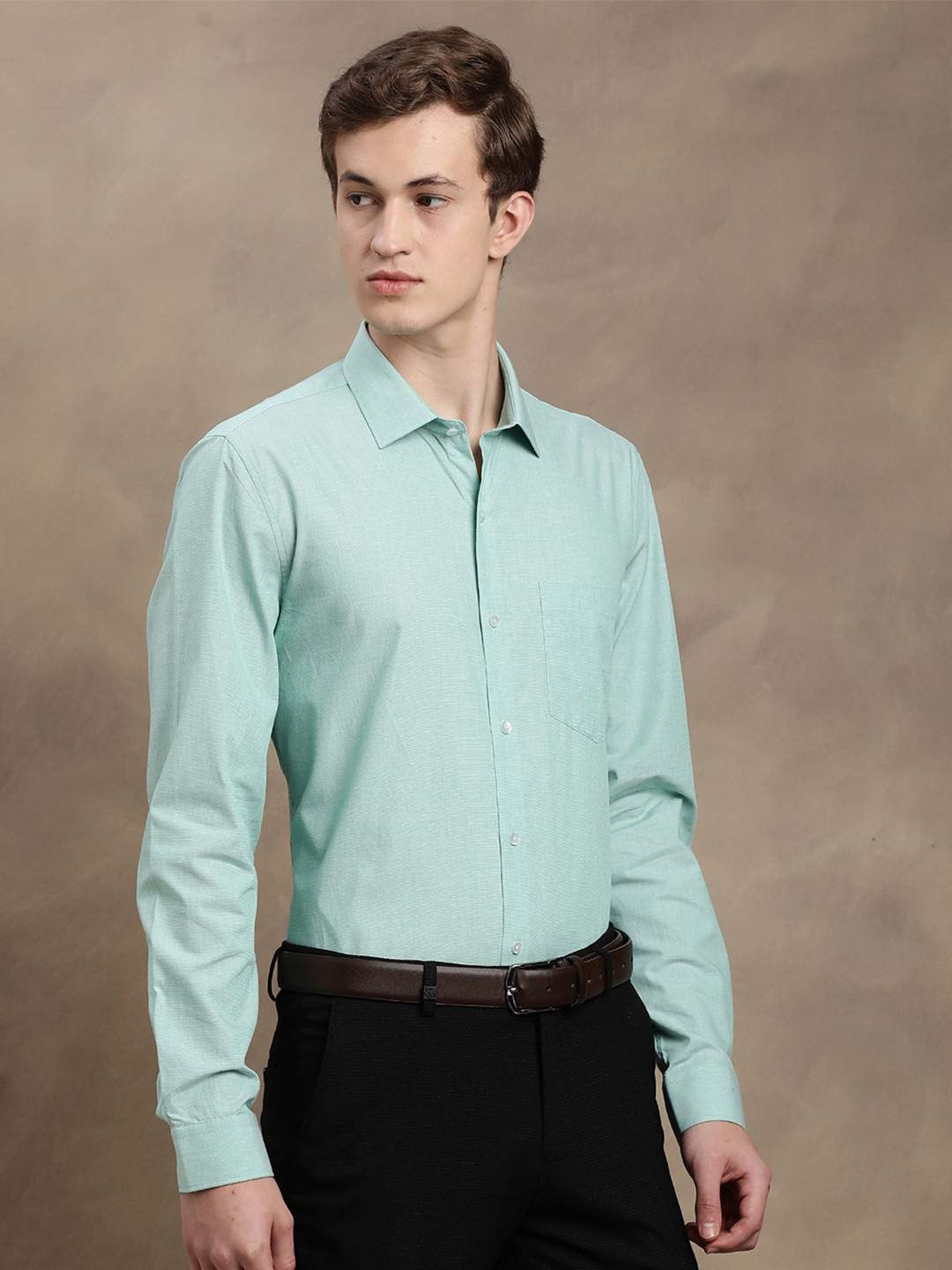 Turtle Men Green Smart Slim Fit Solid Formal Shirt