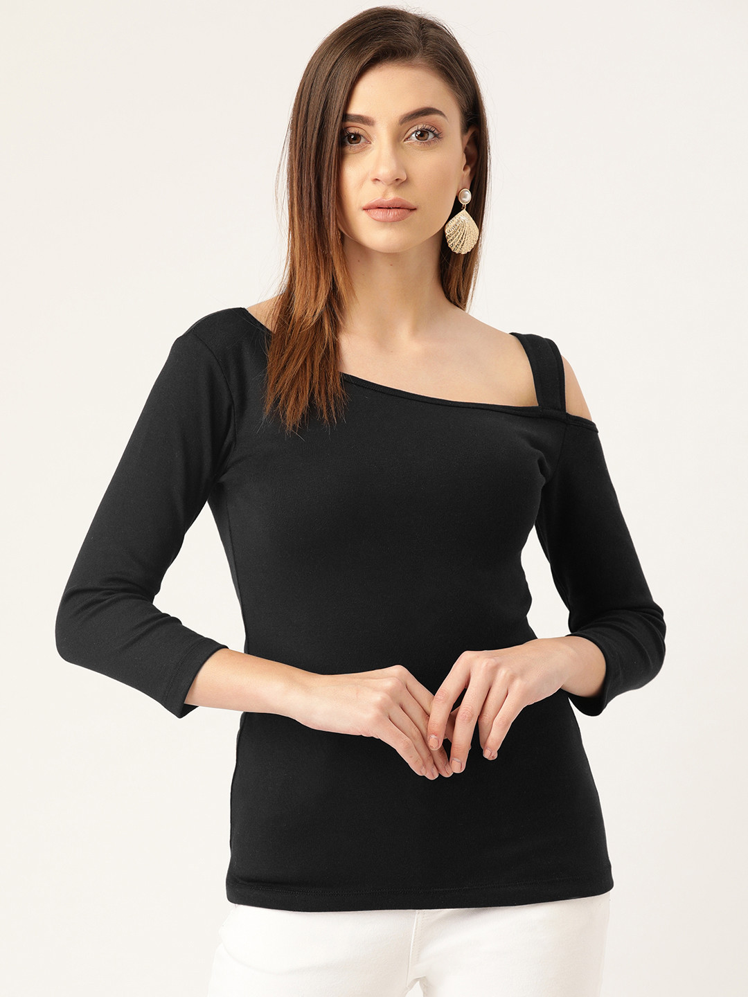 Rute Women Black Solid Cold-Shoulder Regular Top