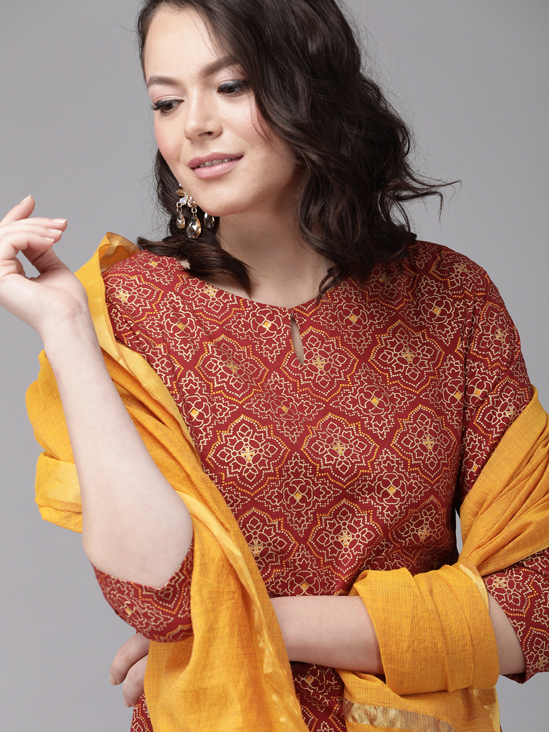 Indo Era Red Foil Print Straight Cotton Kurta With Palazzo & Dupatta