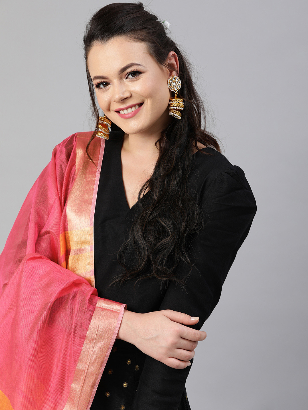 Indo Era Pink & Orange Woven Design Dupatta