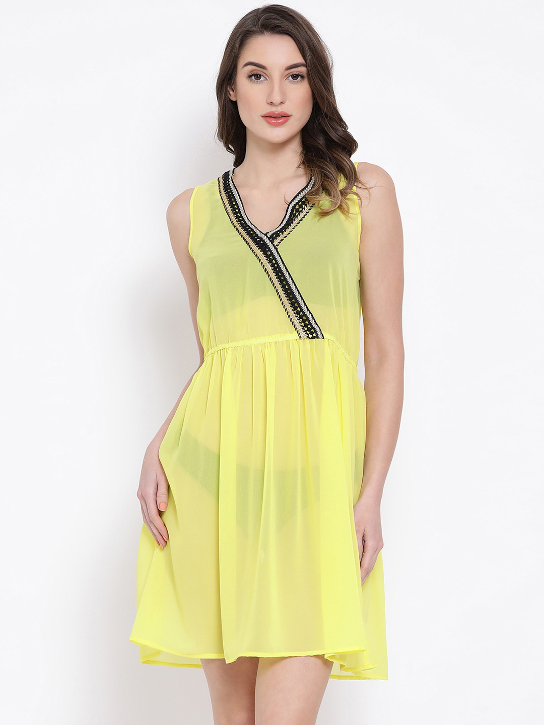 Oxolloxo Women Beachwear Yellow Solid Sheer Swimwear Cover-Up Dress