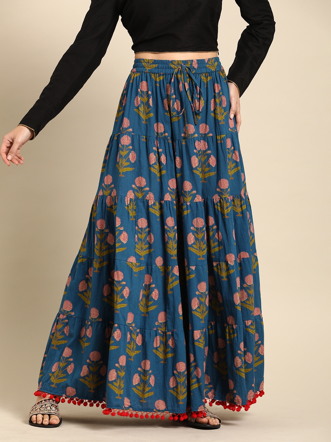 Buy HERENOW Blue Printed Maxi Tiered Pure Cotton Skirt  Skirts for Women  4379727  Myntra