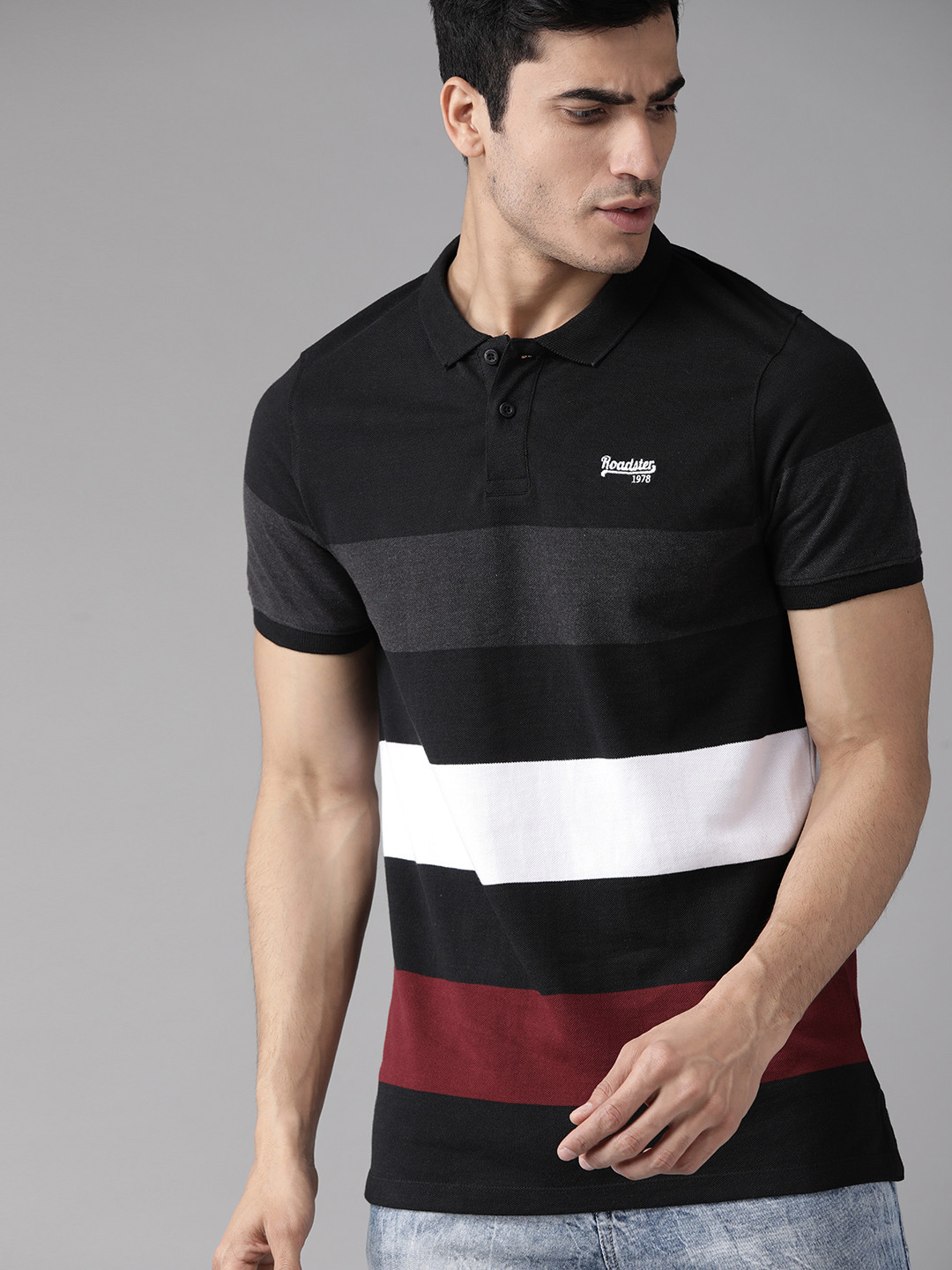 Roadster Men Black & White Striped Polo Collar T-shirt