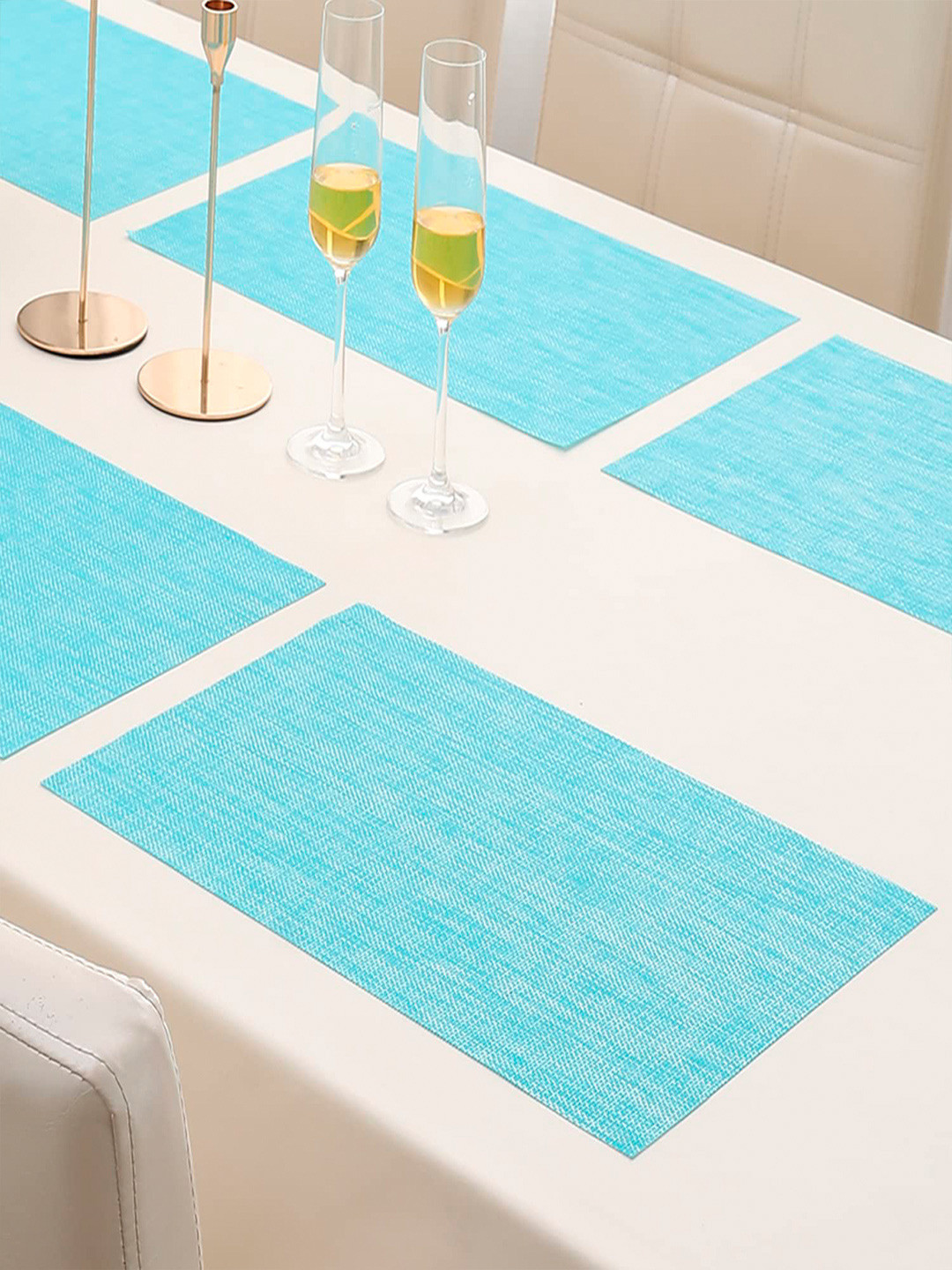 HOKIPO Set of 6 Turquoise Blue & White Solid Washable Table Placemats