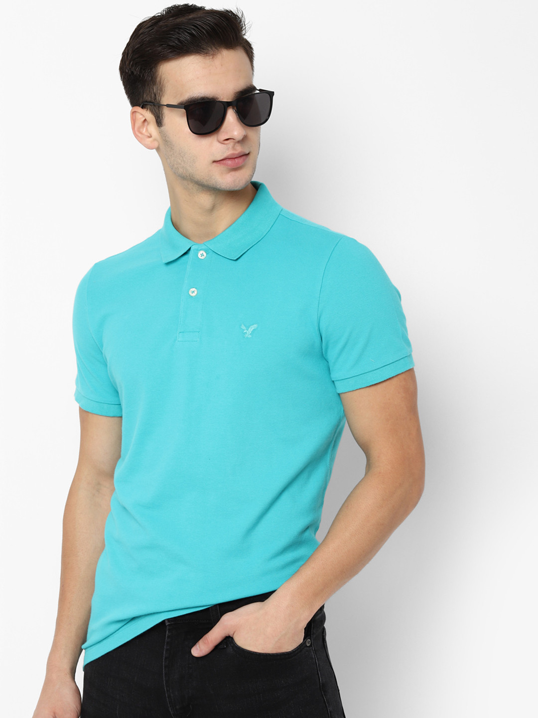 AMERICAN EAGLE OUTFITTERS Men Blue Solid Polo Collar T-shirt