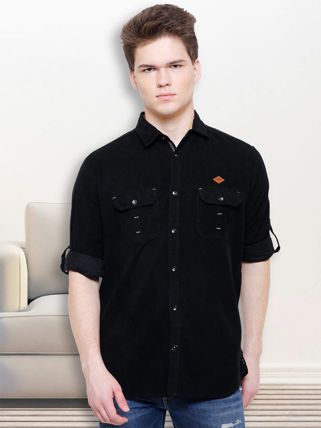 Kuons Avenue Men Black Smart Slim Fit Solid Corduroy Shirt