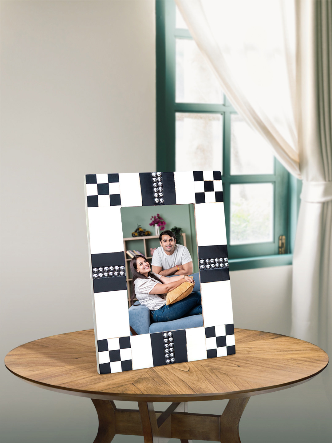 Golden Peacock White & Black Printed Table-Top Photo Frame