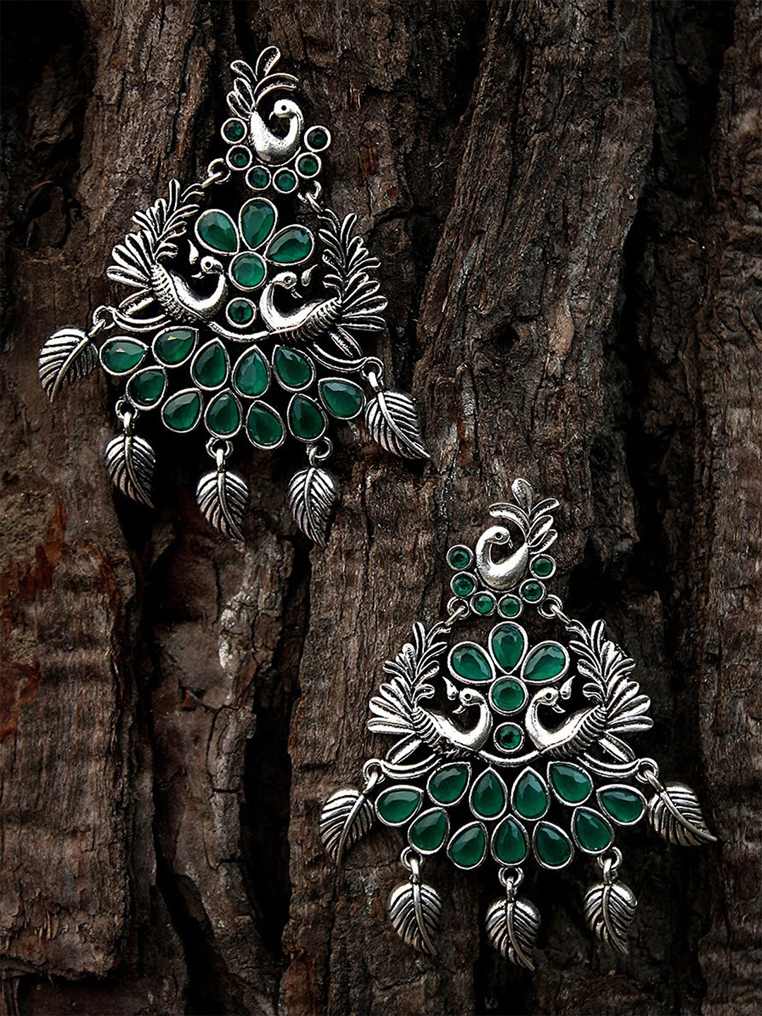 Adwitiya Collection Silver Plated Oxidised Peacock Shaped Drop Earrings