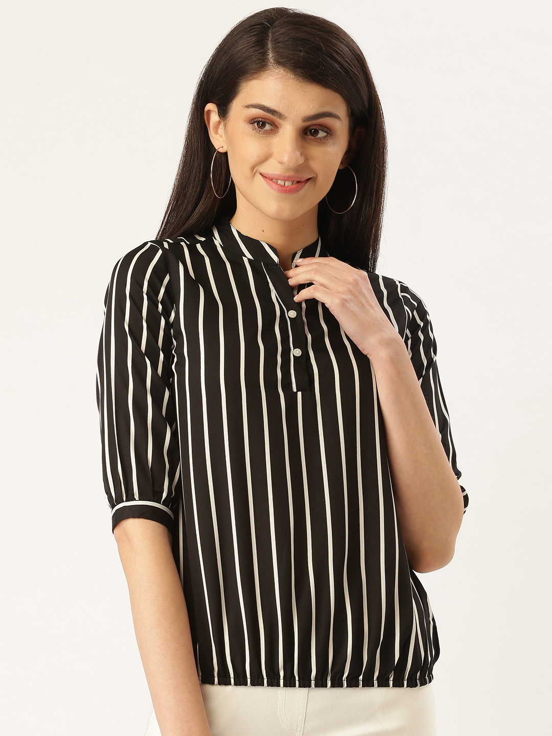 Style Quotient Women Black & White Striped Blouson Top