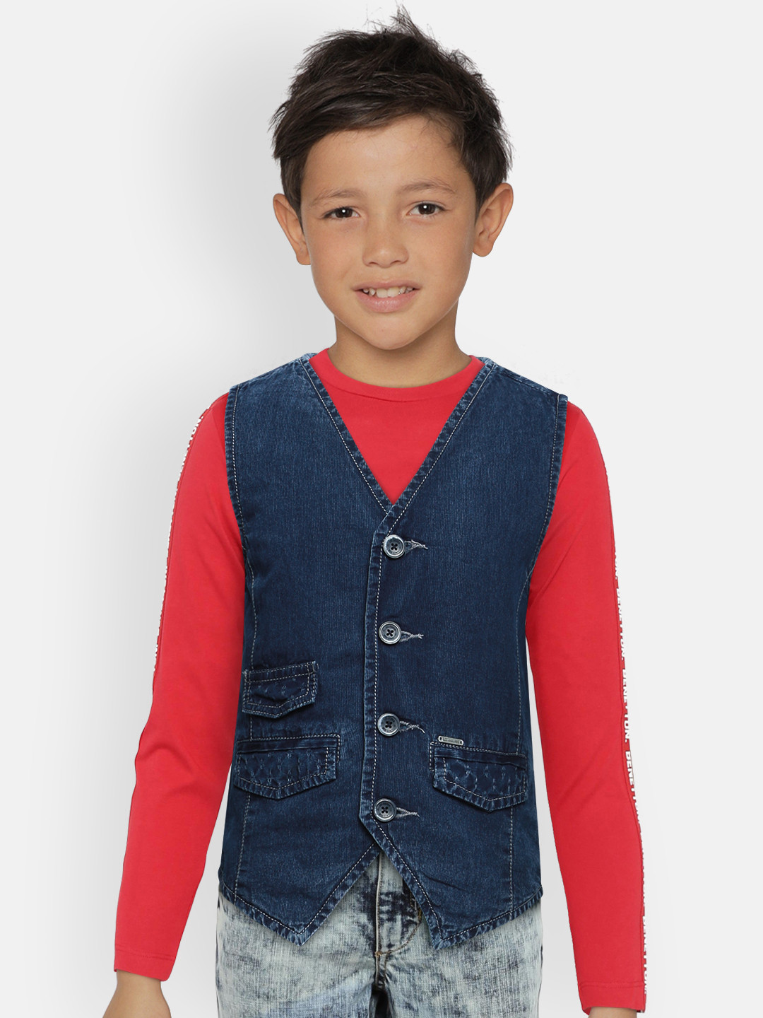 Lee Cooper Boys Navy Blue Solid Pure Cotton Denim Waistcoat