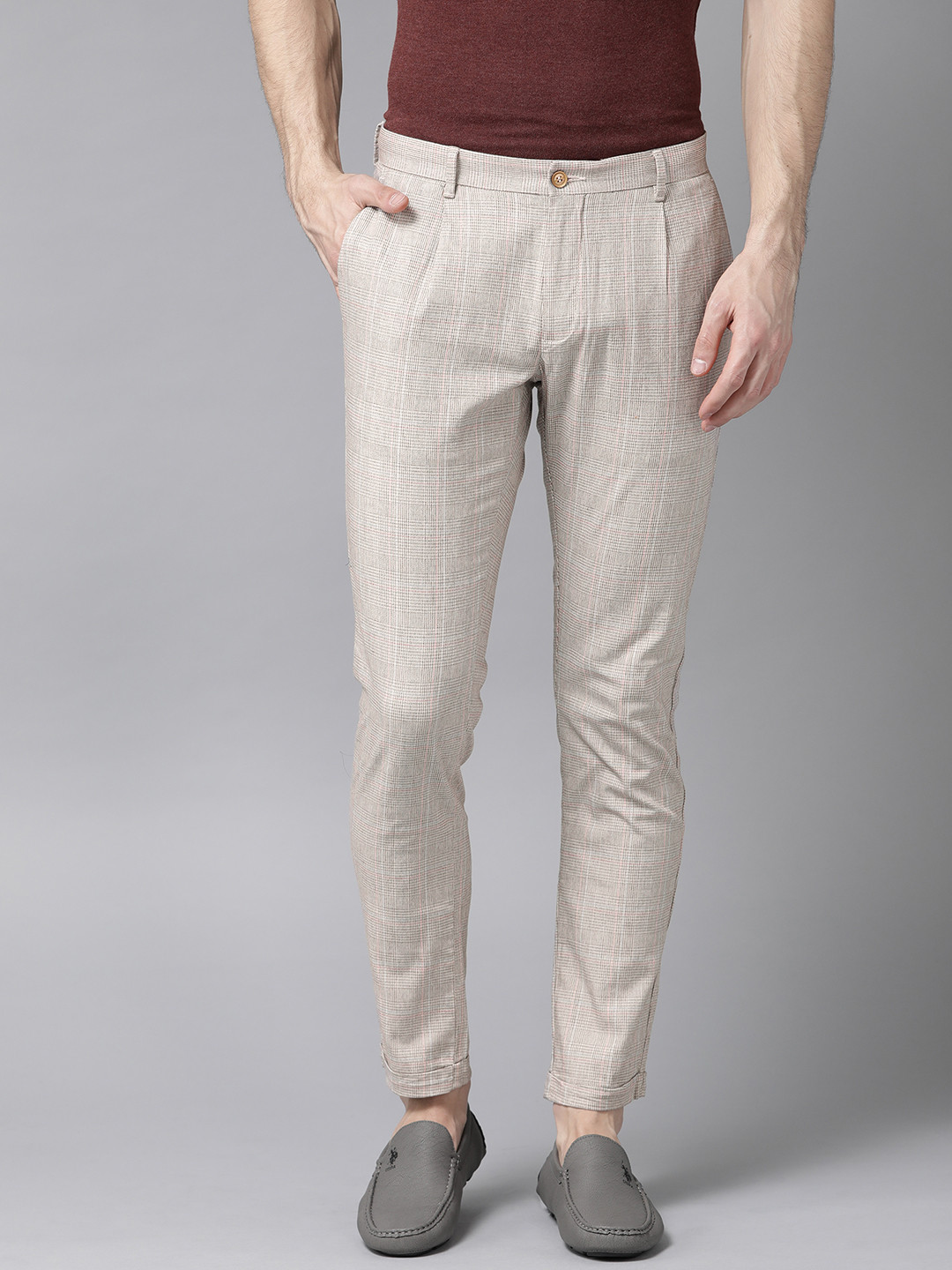 Blackberrys Men Beige & Black Phoenix  Skinny Fit Checked Trousers