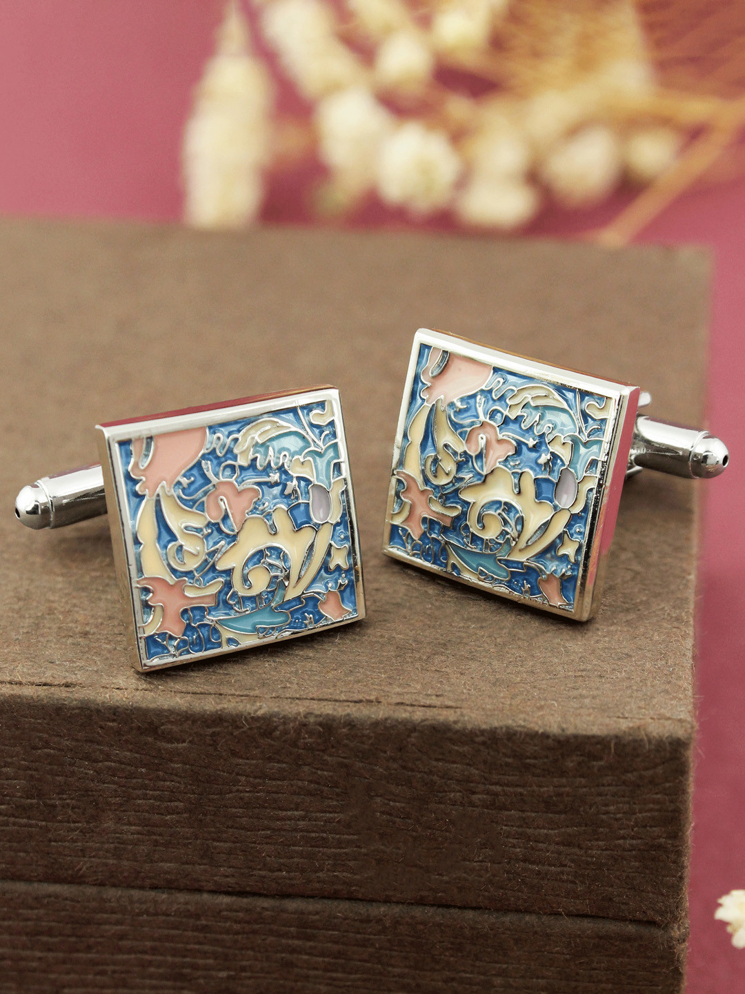 PELUCHE Blue & Pink Rhodium-Plated Enamelled Square Cufflinks