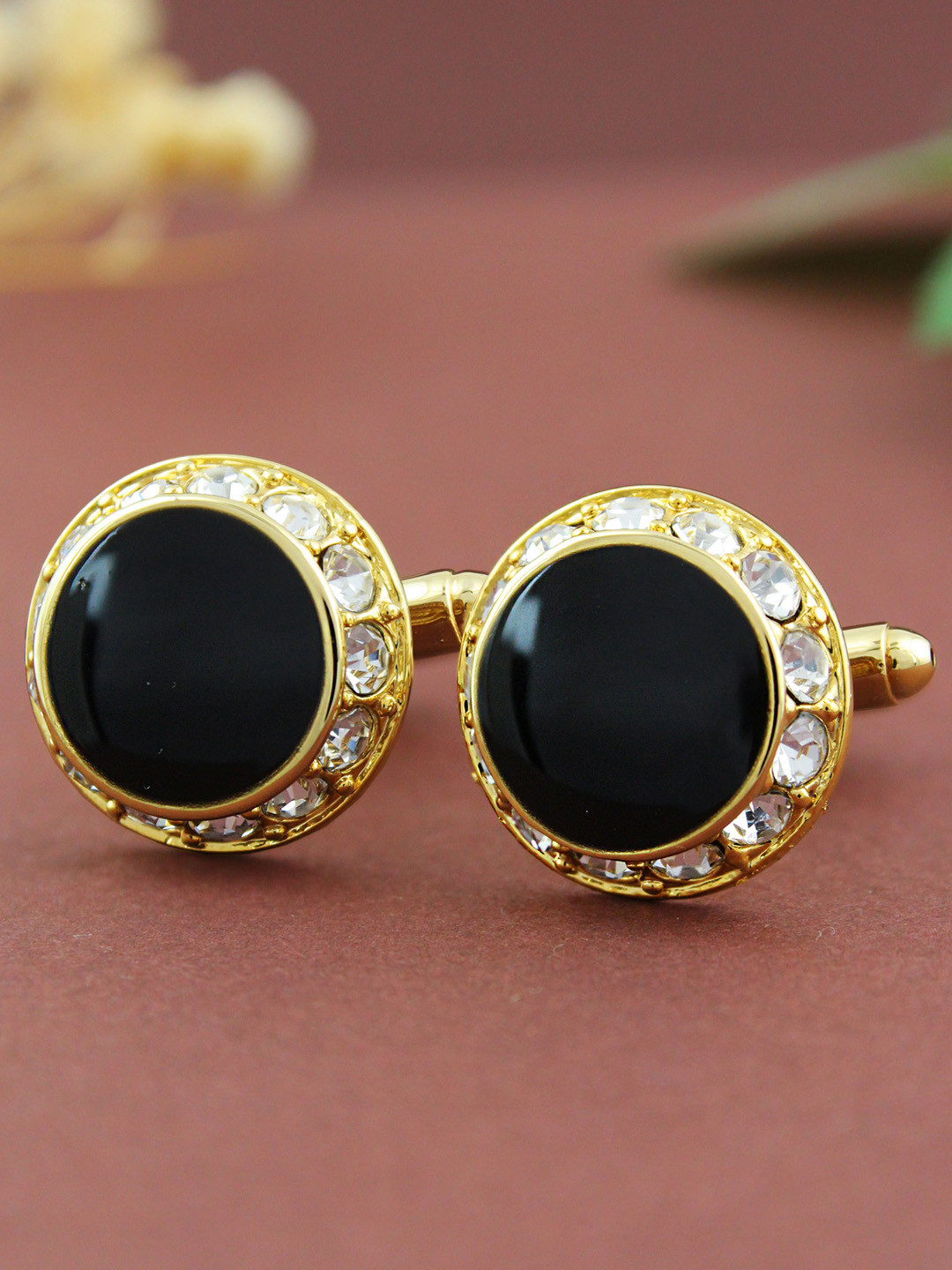PELUCHE Black & Gold-Toned Rhodium-Plated Embellished Round Cufflinks