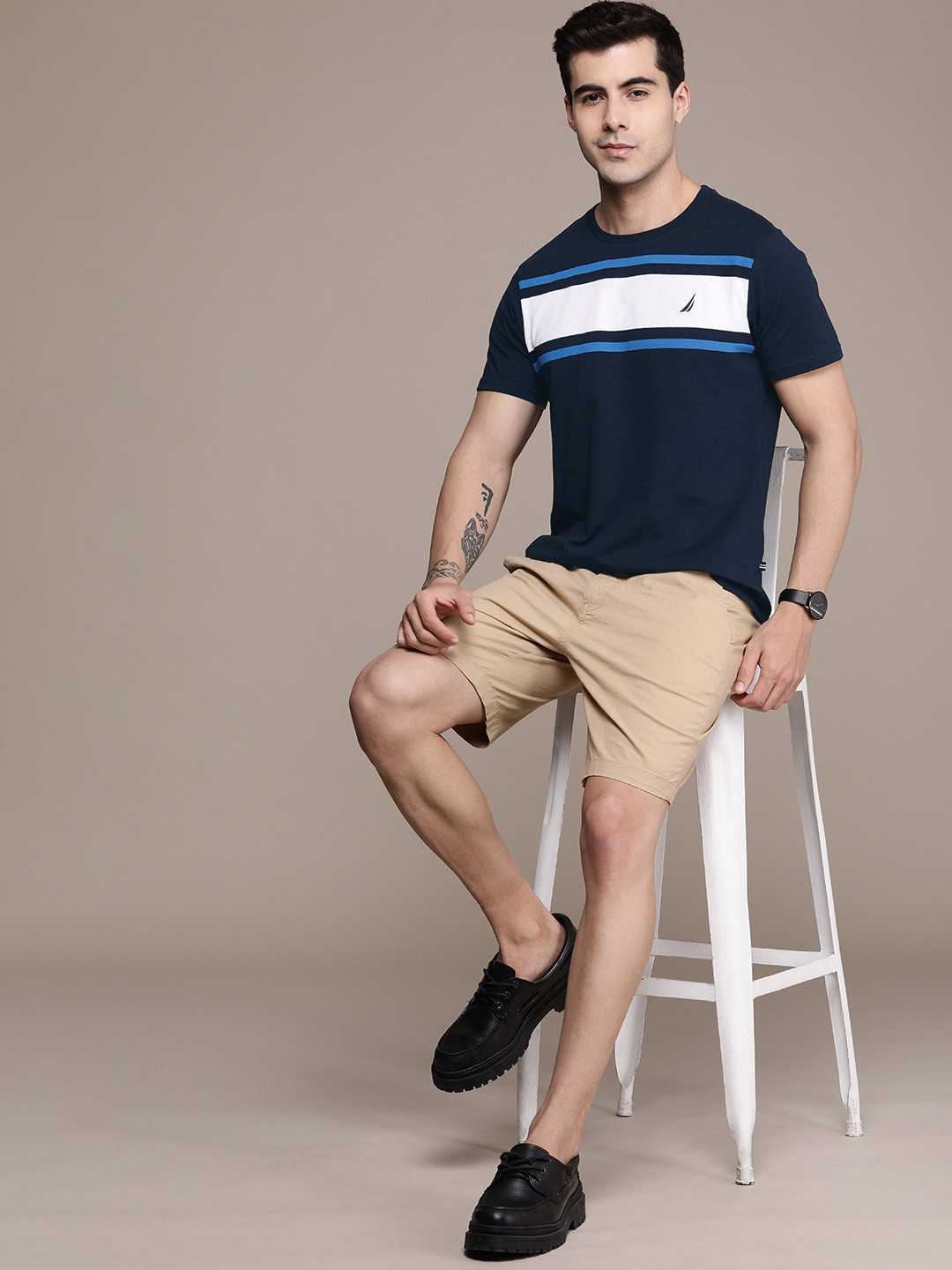 Nautica Men Striped Pure Cotton Round Neck T-shirt