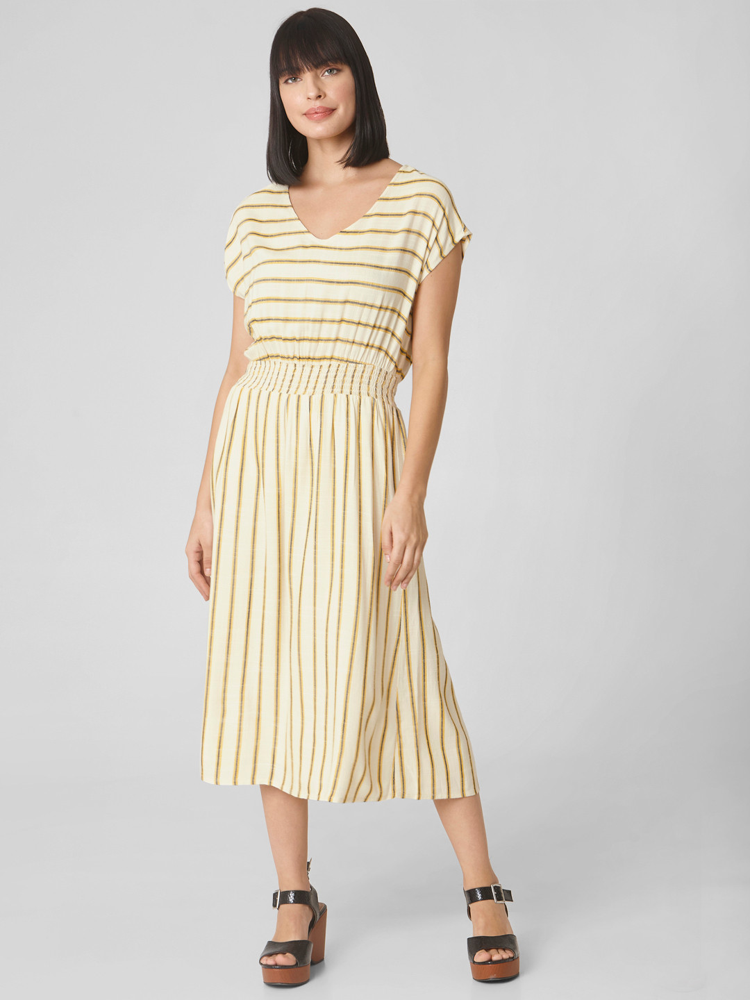 Vero Moda Women Off-White & Yellow Striped Fit and Flare Dress