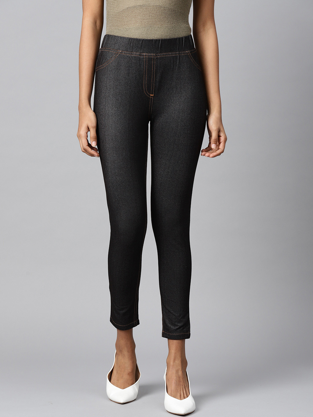 AURELIA Women Black Yarn-Dyed Denim Treggings