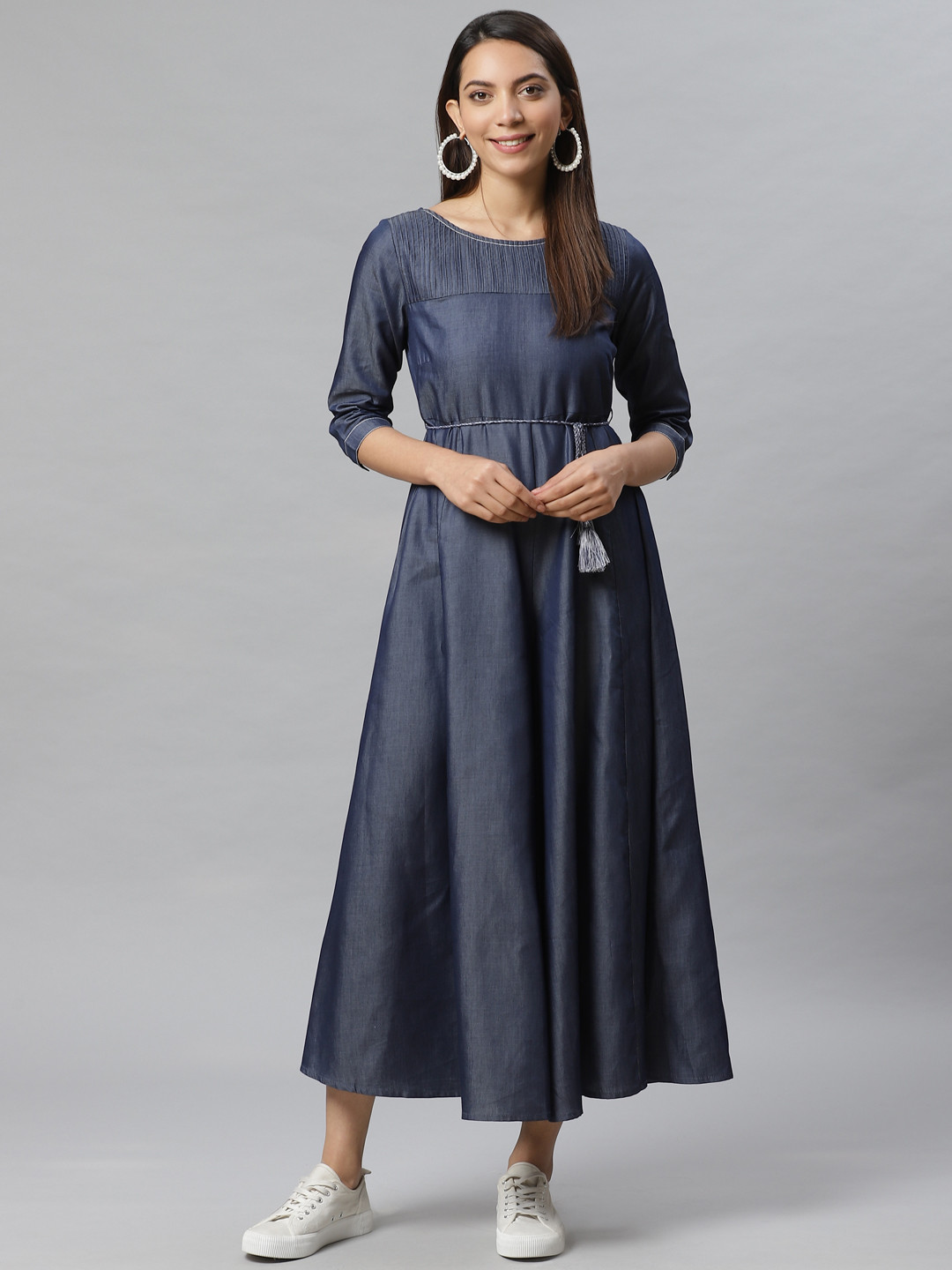 AURELIA Women Navy Blue Solid Chambray Flared Basic Jumpsuit