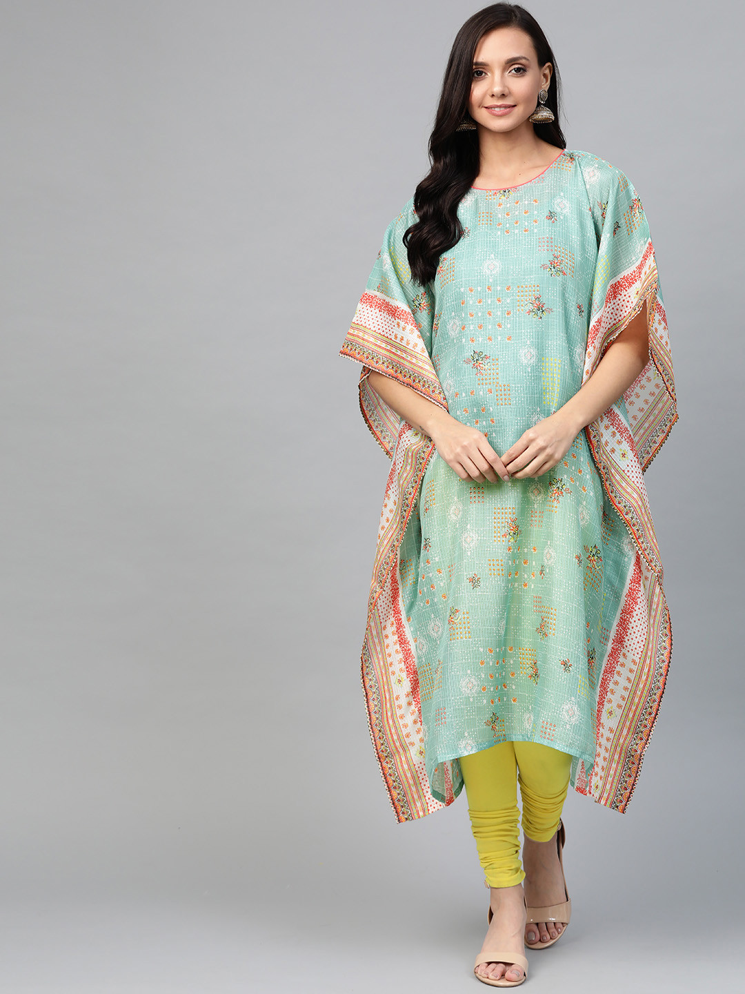 AURELIA Women Mint Green & Red Ethnic Motifs Print Kaftan Kurta