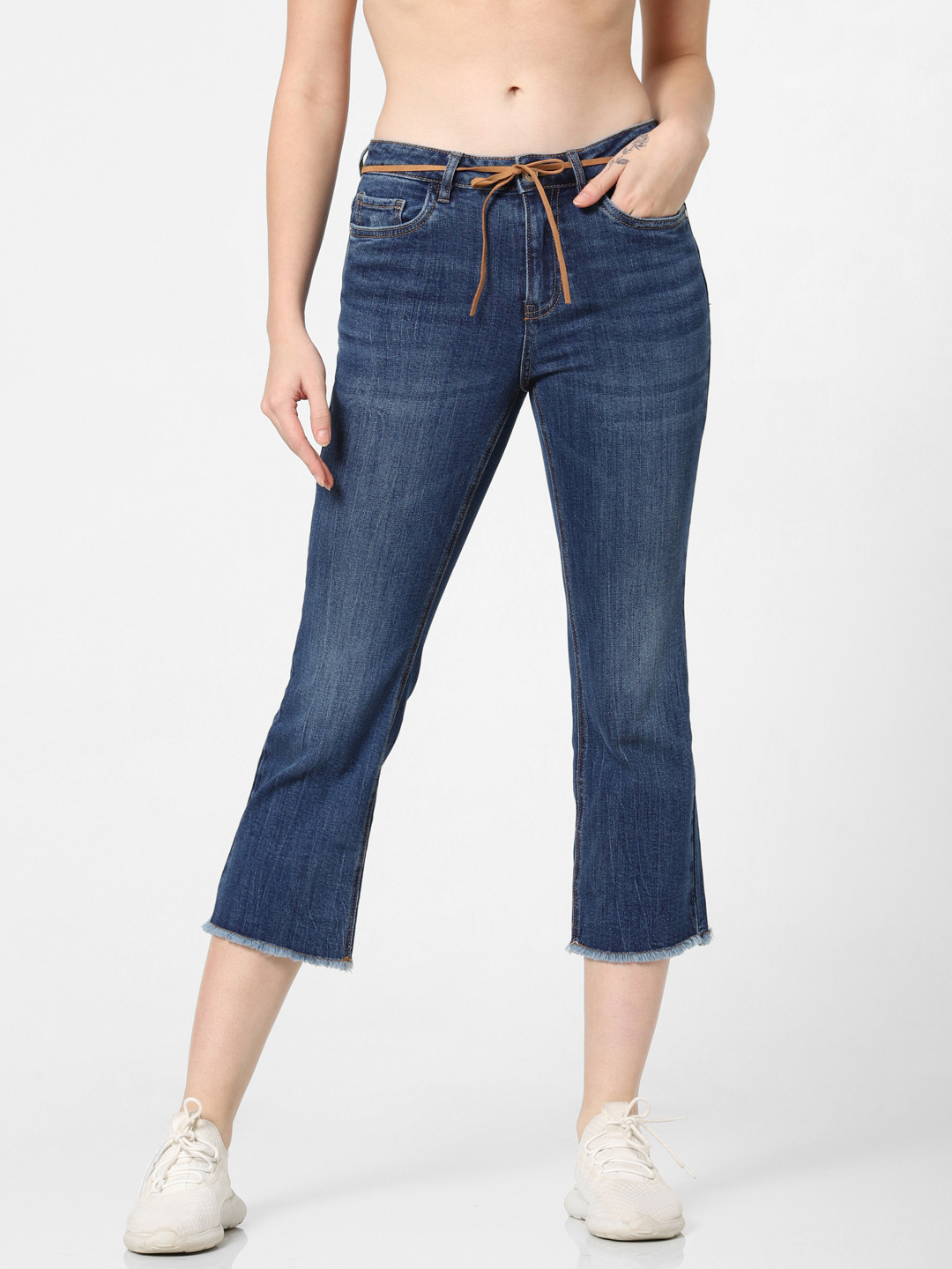 ONLY Women Blue Kenya Sweet Flared Mid-Rise Clean Look Stretchable Cropped Jeans