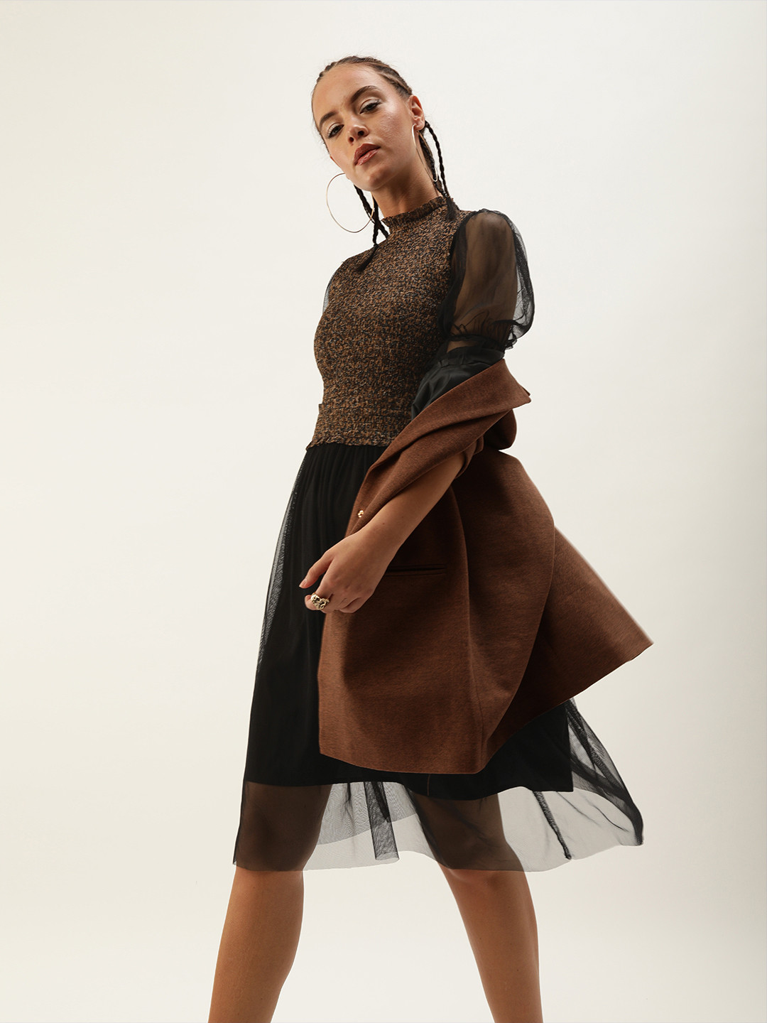 Antheaa Women Black & Brown Animal Printed Fit and Flare Dress with Smocked Detail