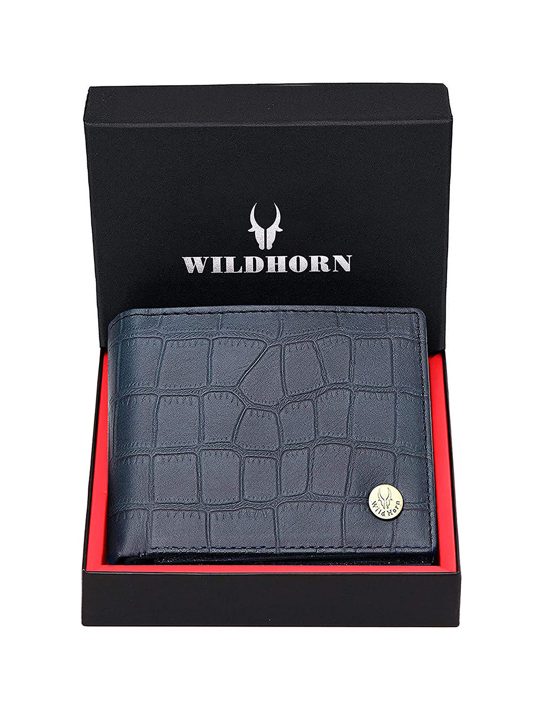 WildHorn Men Blue Crocodile Skin Textured RFID Protected Genuine Leather Two Fold Wallet